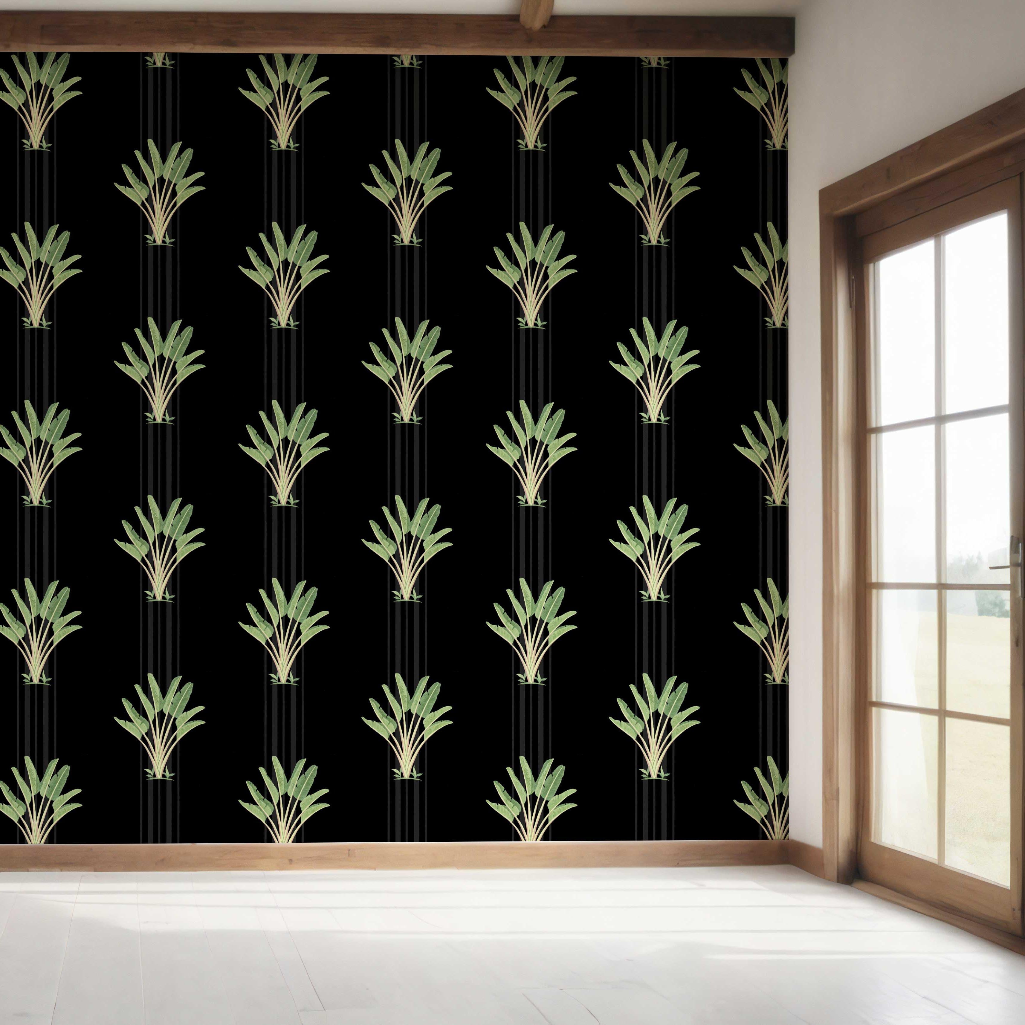 Botanical/ Floral Block Print Bedroom Wallpaper Sample (Black/ Green)
