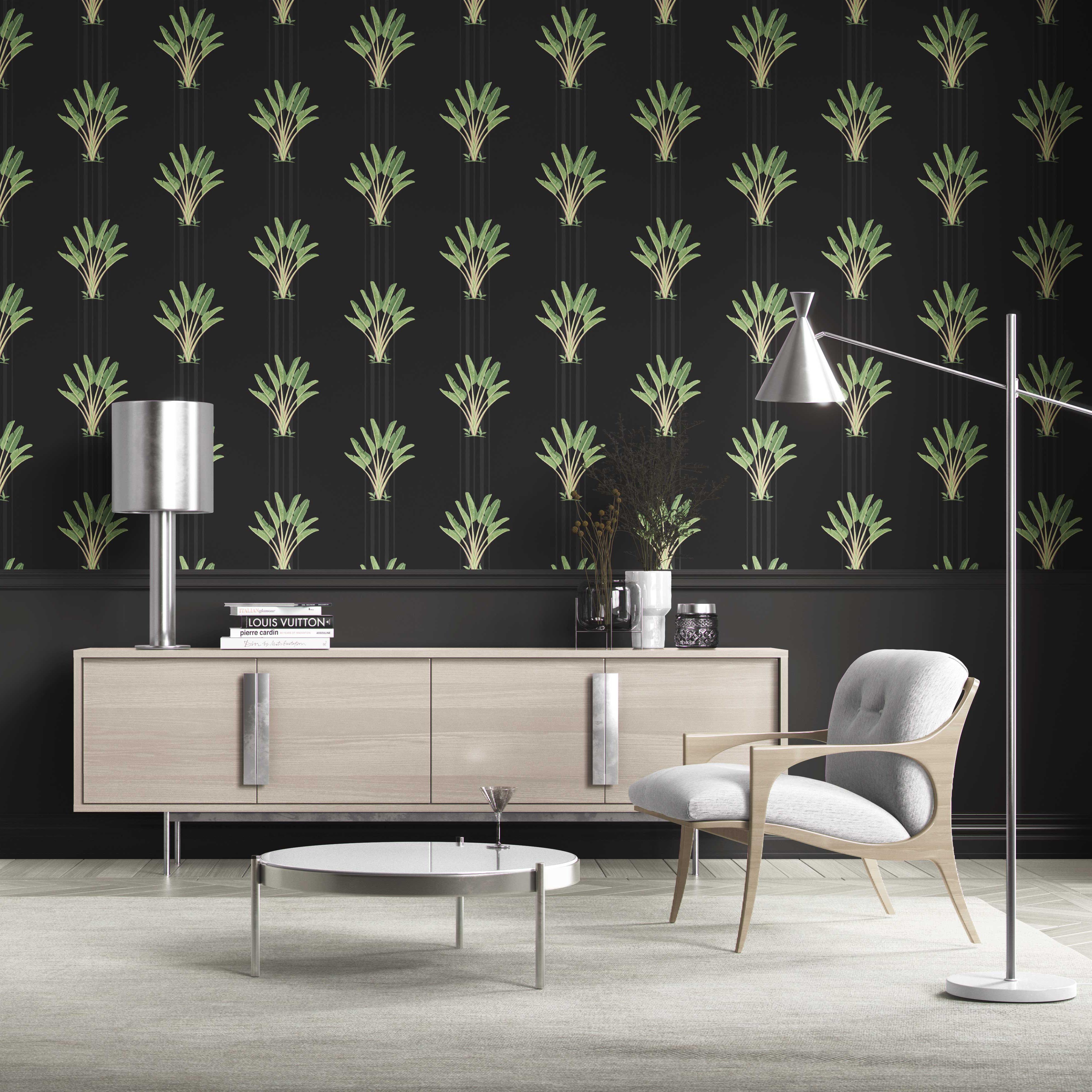 Botanical/ Floral Block Print Traditional Wallpaper Sample (Black/ Green)