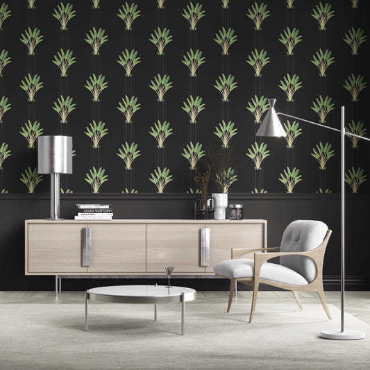 Botanical/ Floral Block Print Traditional Wallpaper Sample (Black/ Green)