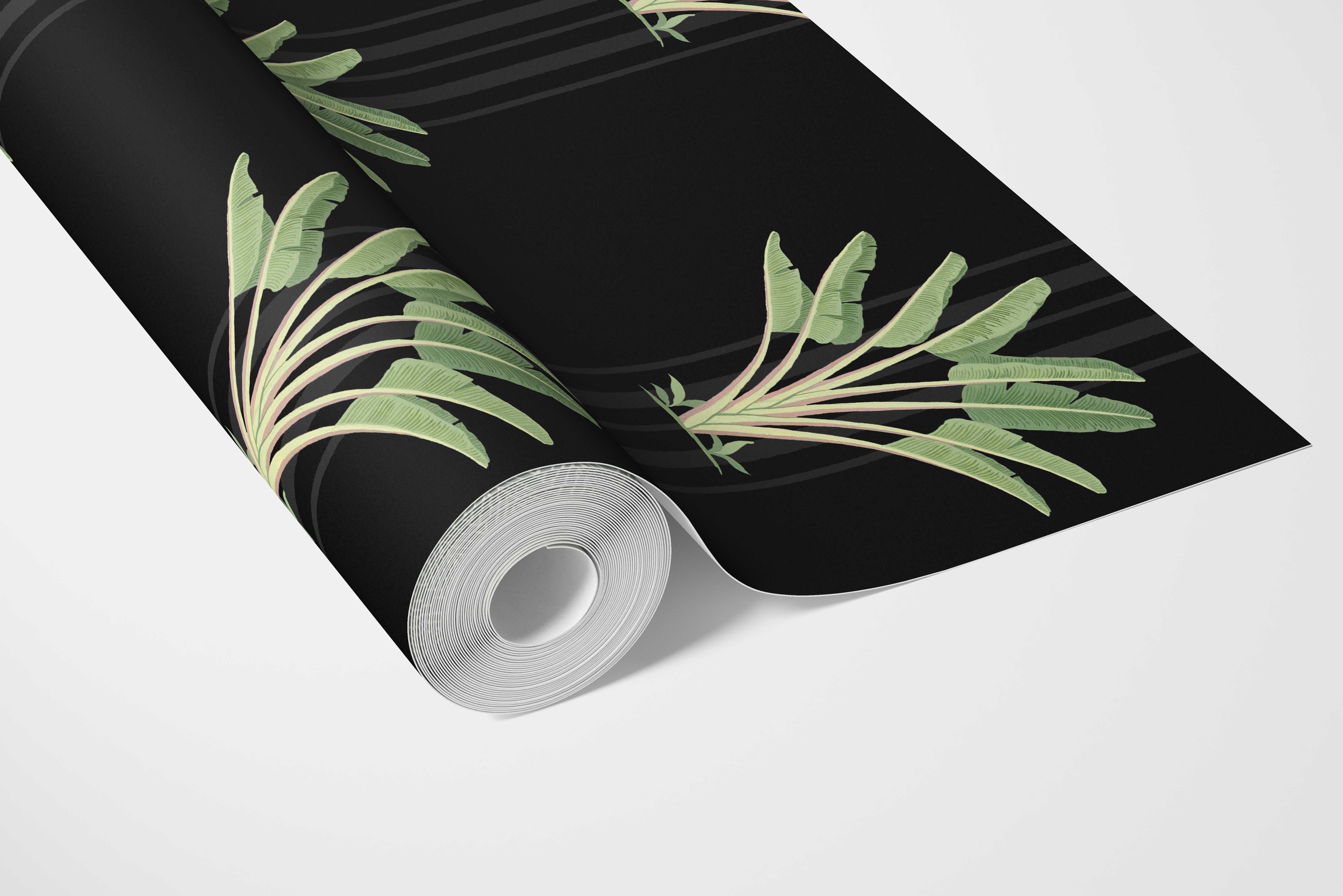 Botanical/ Floral Block Print Bathroom Wallpaper Sample (Black/ Green)