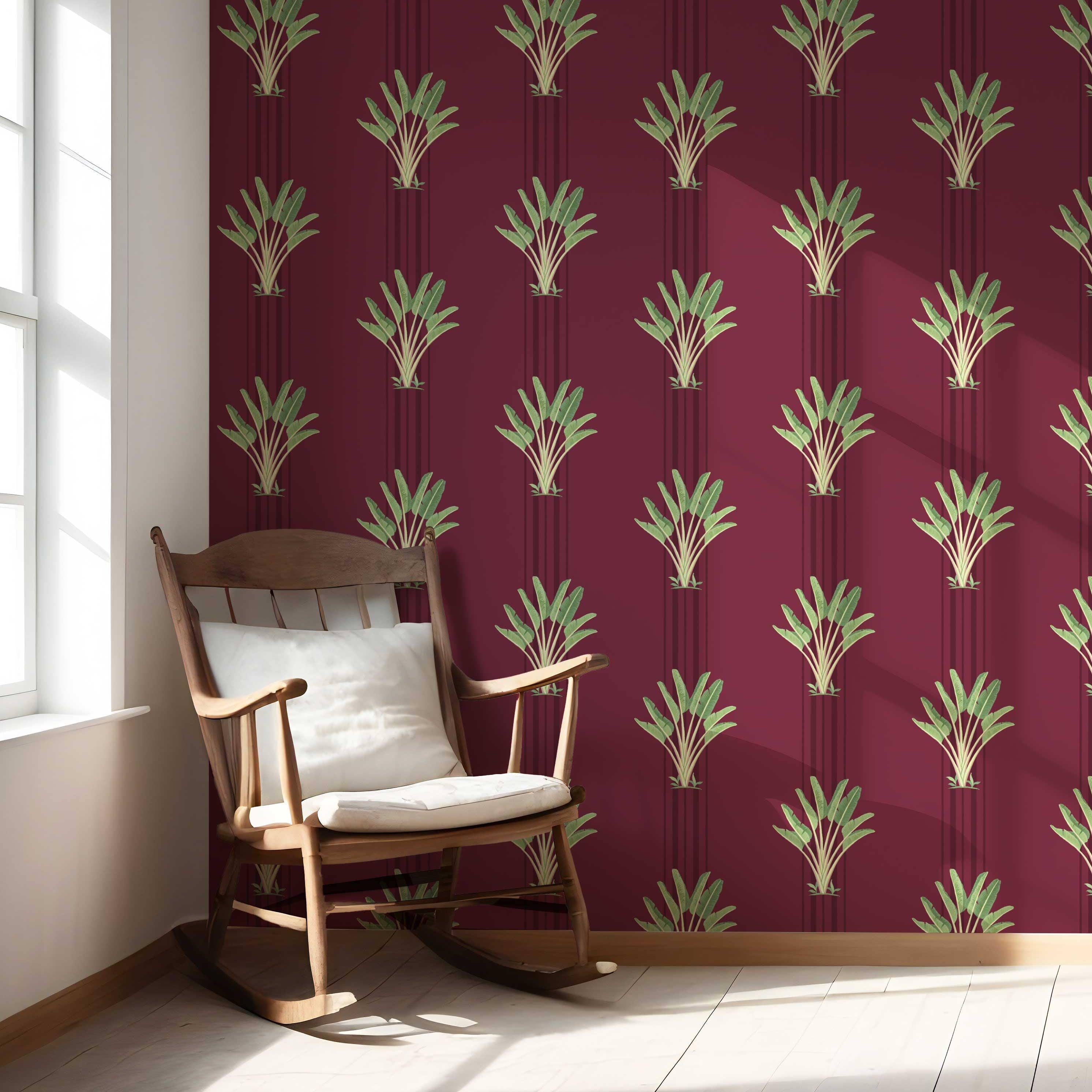 Botanical/ Floral Block Print Nursery Wallpaper Sample (Deep Red/ Green)