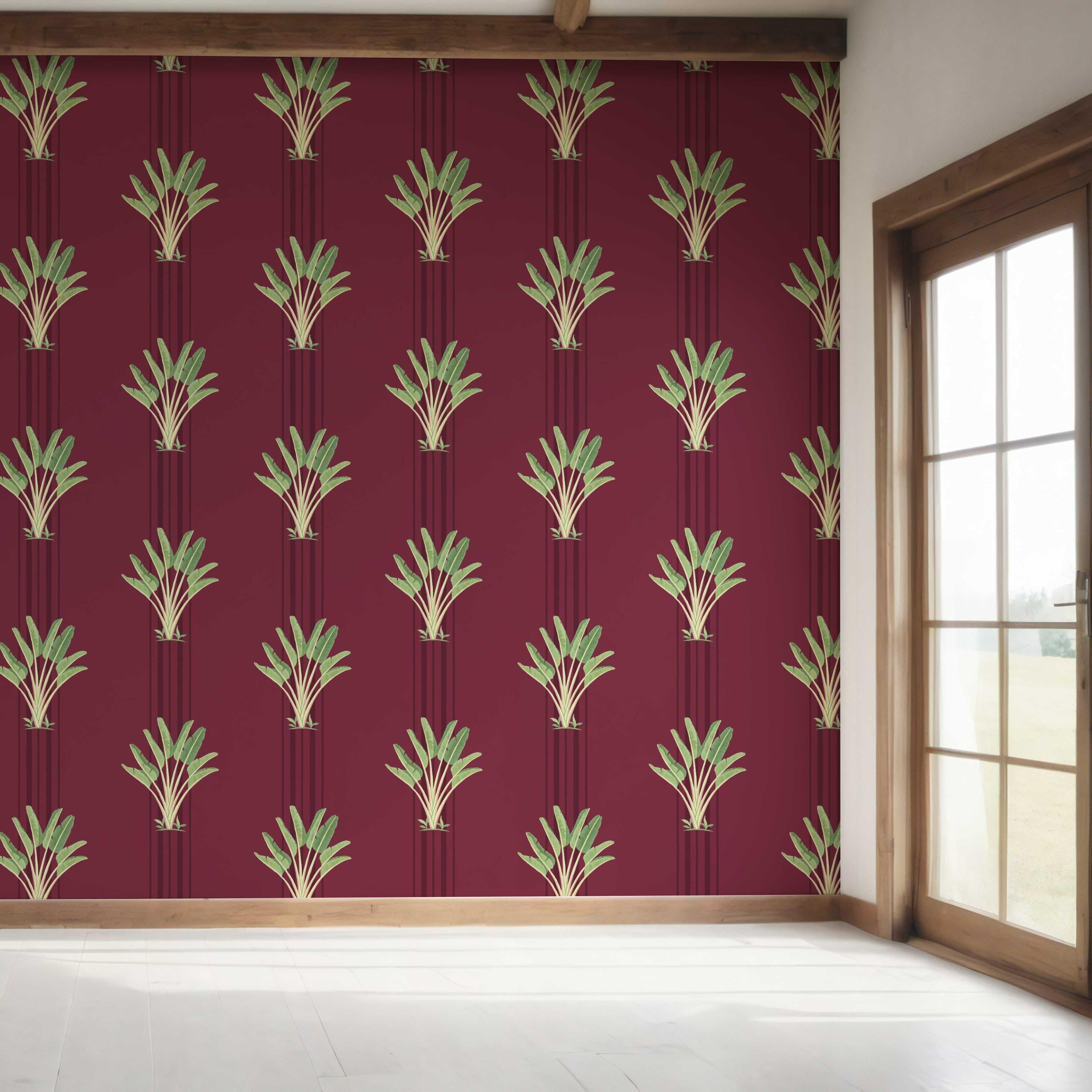 Botanical/ Floral Block Print Bedroom Wallpaper Sample (Deep Red/ Green)