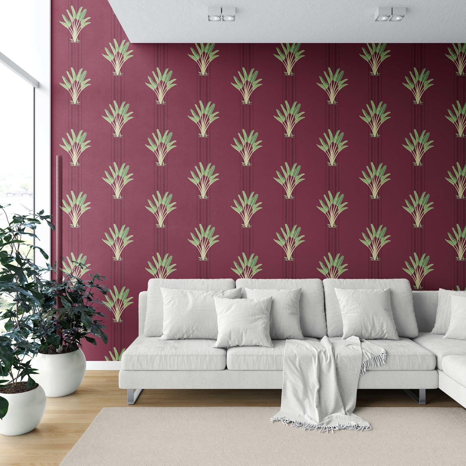 Botanical/ Floral Block Print Shower Toilet Wallpaper Sample (Deep Red/ Green)