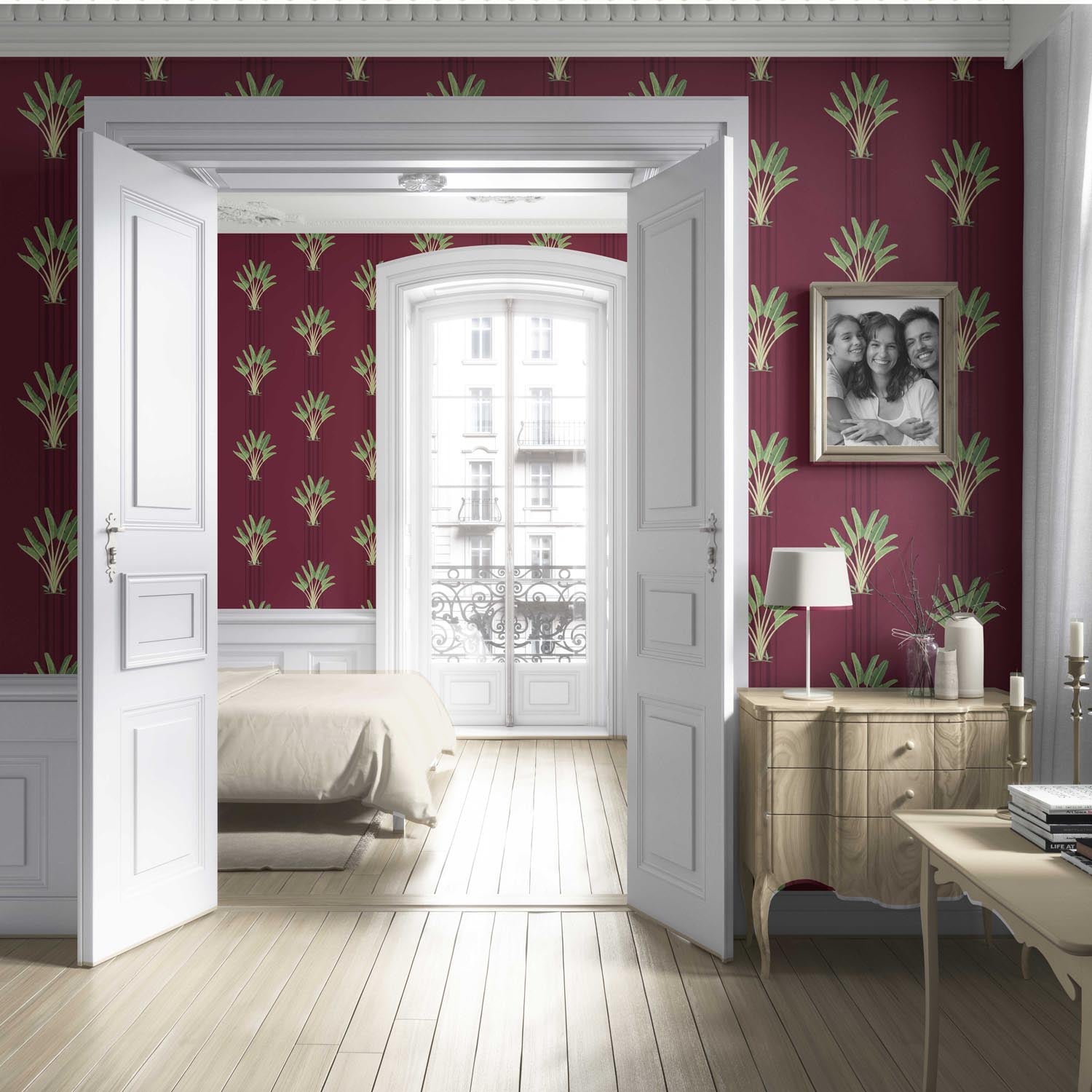 Botanical/ Floral Block Print Living Room Wallpaper Sample (Deep Red/ Green)