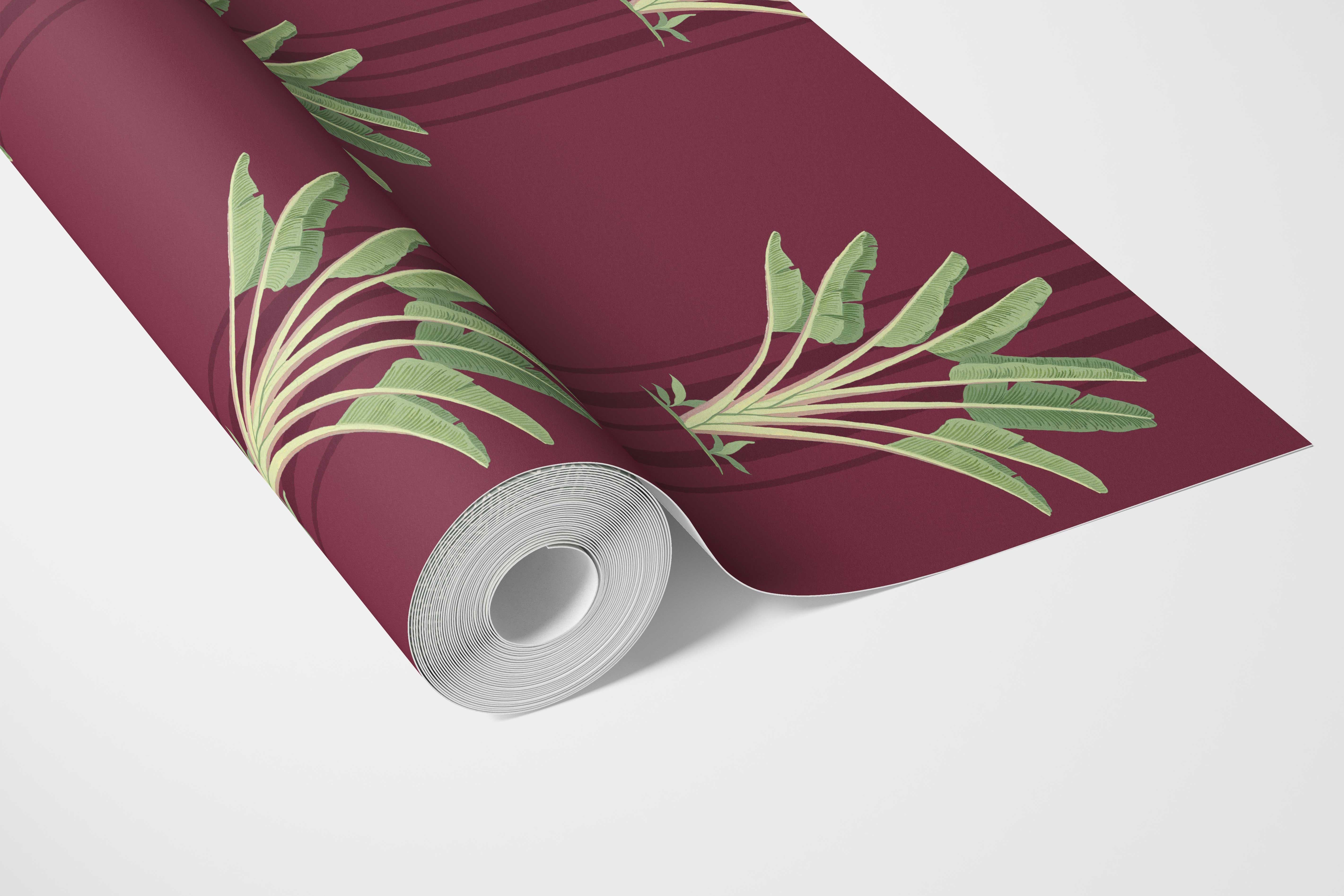 Botanical/ Floral Block Print Bathroom Wallpaper Sample (Deep Red/ Green)