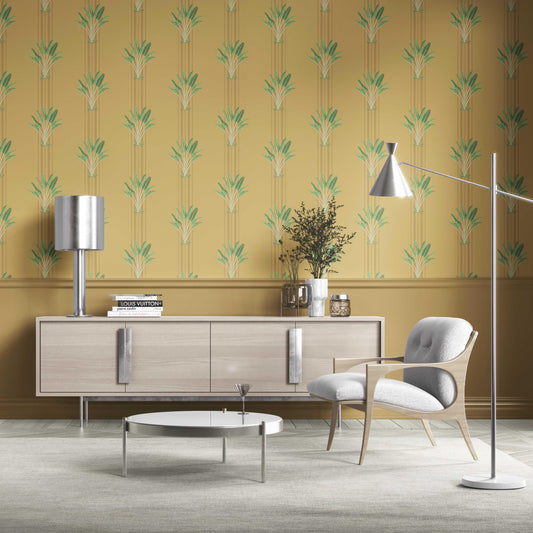Botanical/ Floral Block Print Traditional Wallpaper Sample (Yellow/ Green)