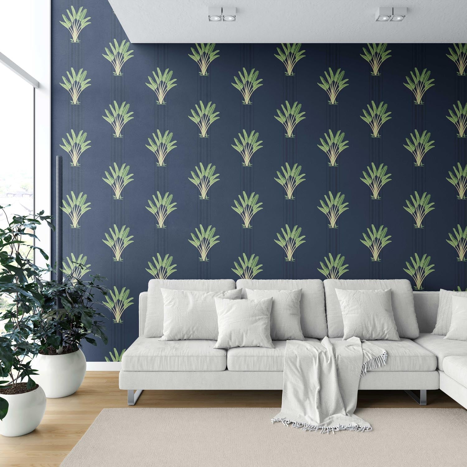 Botanical/ Floral Block Print Shower Toilet Wallpaper (Navy Blue/ Green)