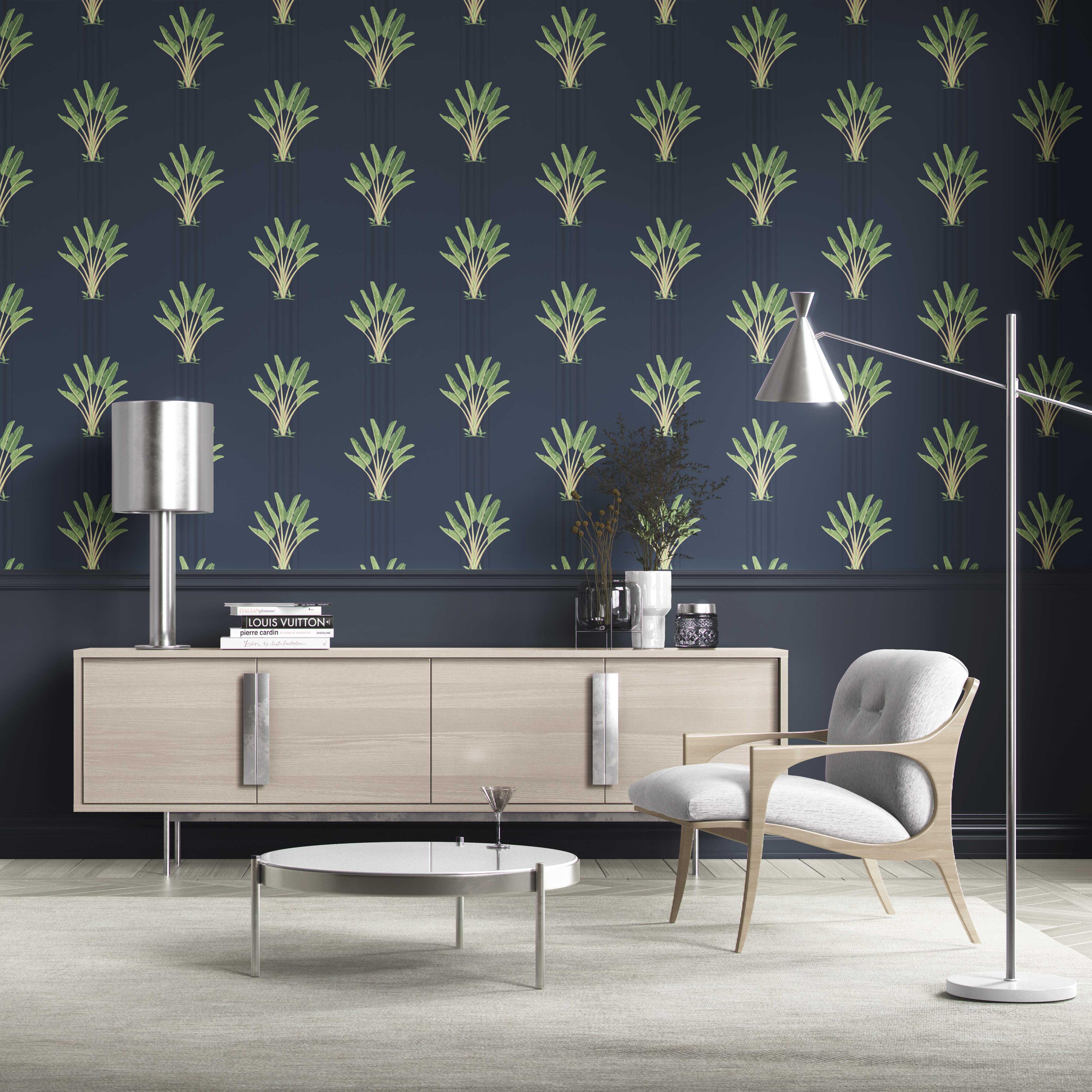 Botanical/ Floral Block Print Traditional Wallpaper Sample (Navy Blue/ Green)