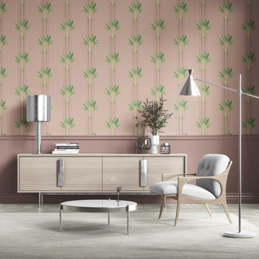 Botanical/ Floral Block Print Traditional Wallpaper Sample (Pink/ Green)