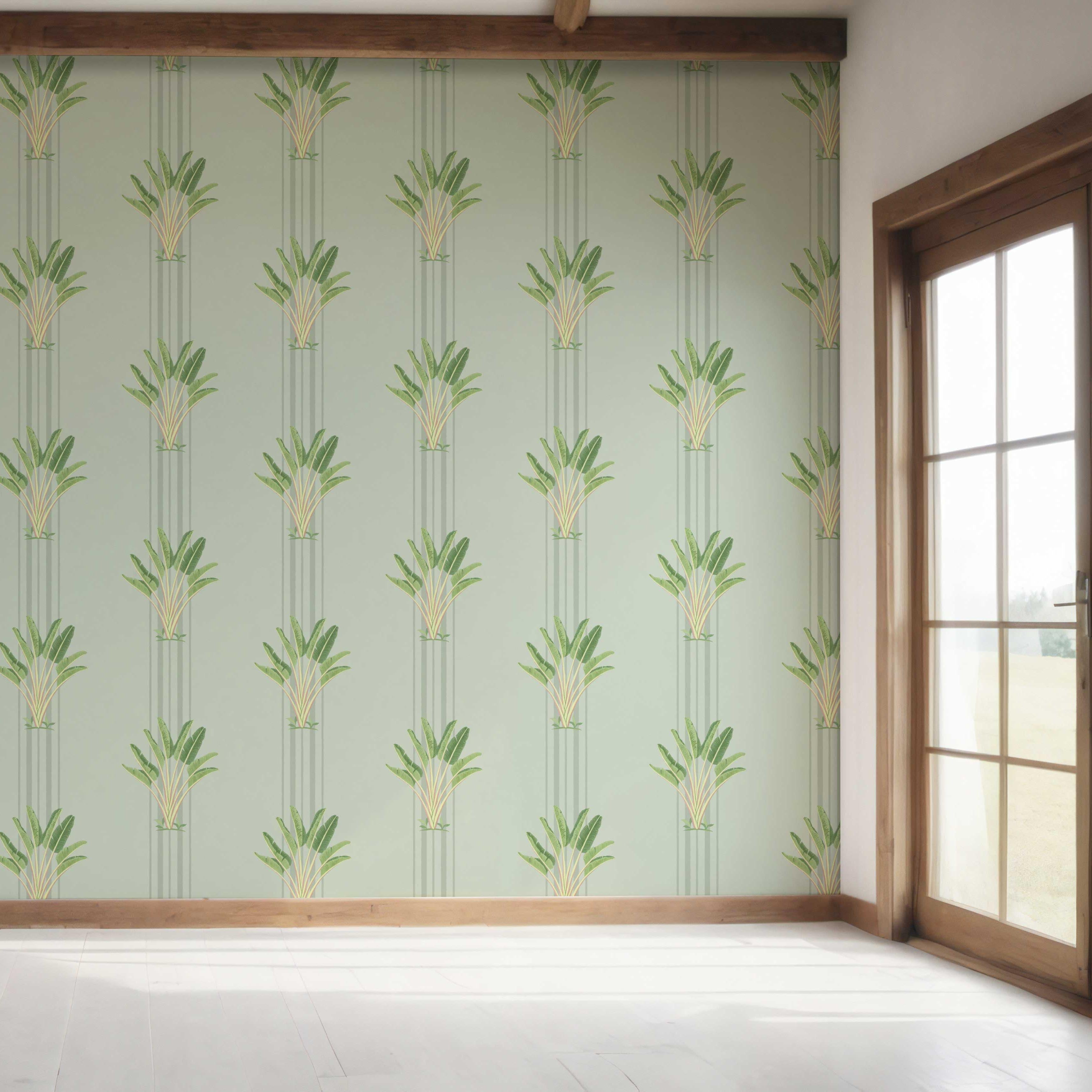 Botanical/ Floral Block Print Bedroom Wallpaper Sample (Duck Egg Blue/ Green)