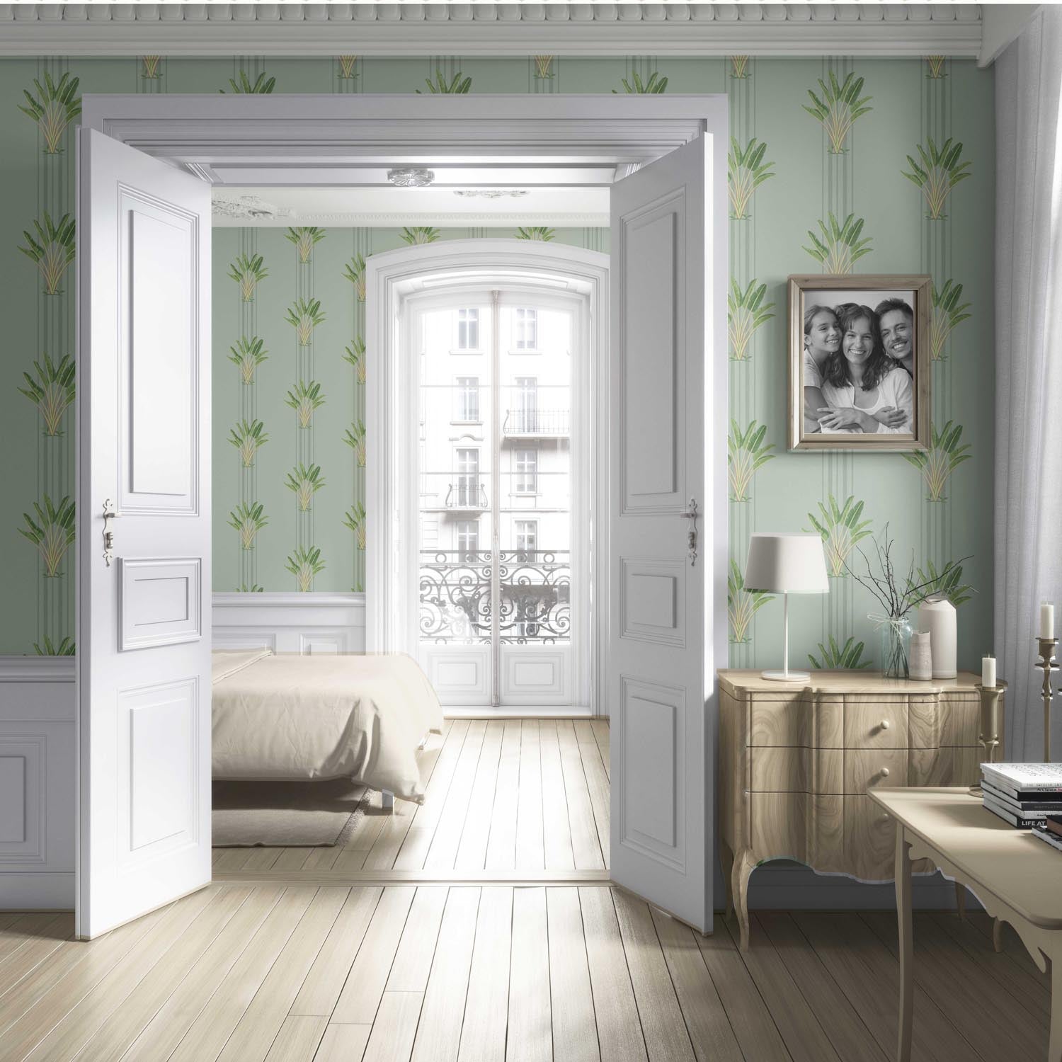 Botanical/ Floral Block Print Living Room Wallpaper Sample (Duck Egg Blue/ Green)