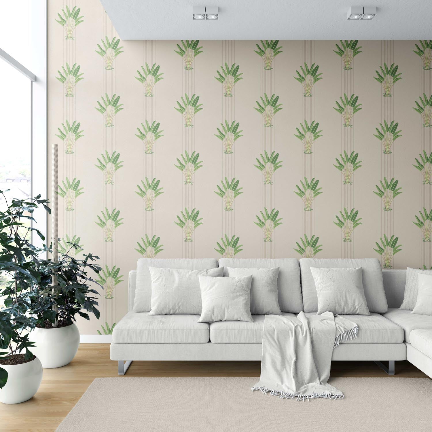 Botanical/ Floral Block Print Shower Toilet Wallpaper Sample (Beige/ Cream/ Green)