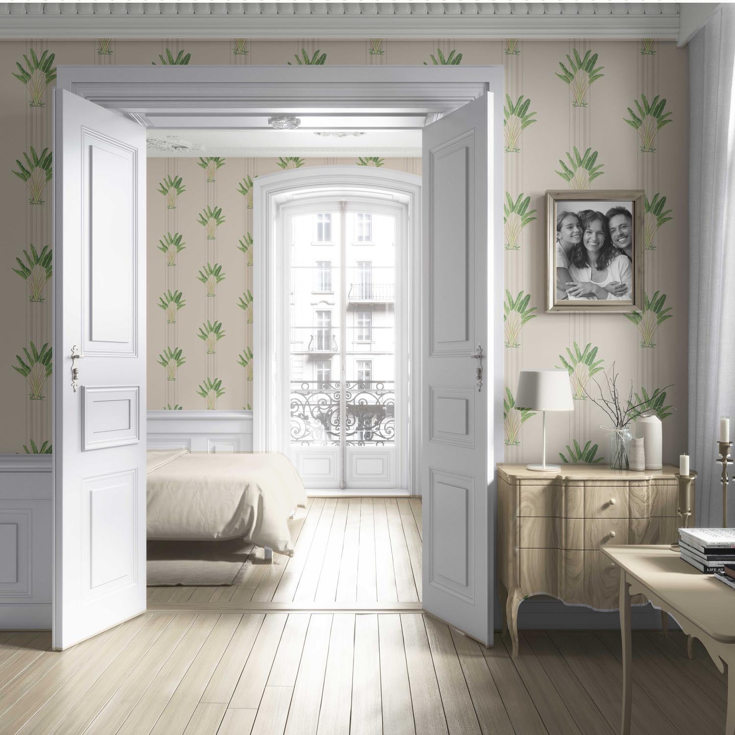 Botanical/ Floral Block Print Living Room Wallpaper Sample (Beige/ Cream/ Green)