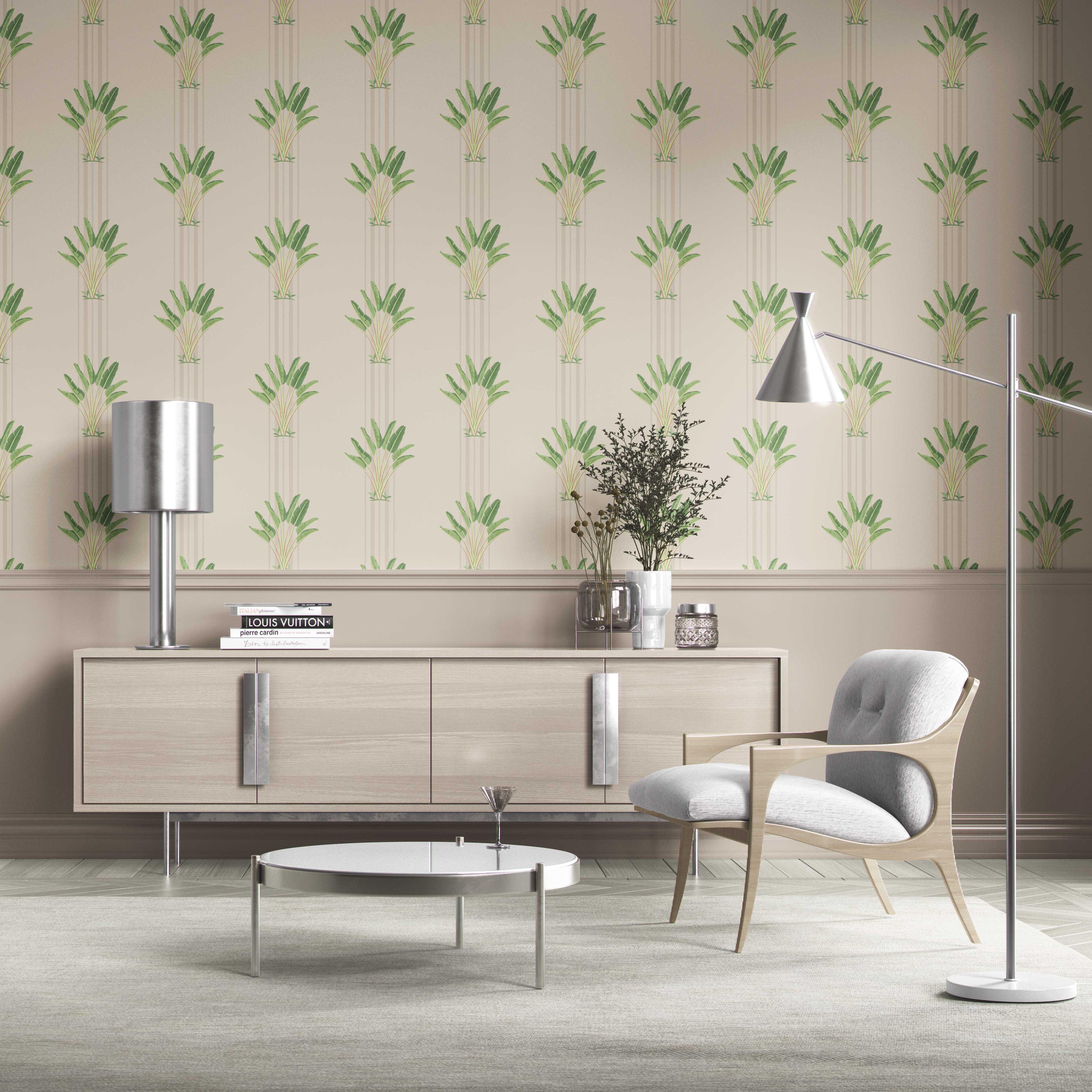 Botanical/ Floral Block Print Traditional Wallpaper Sample (Beige/ Cream/ Green)