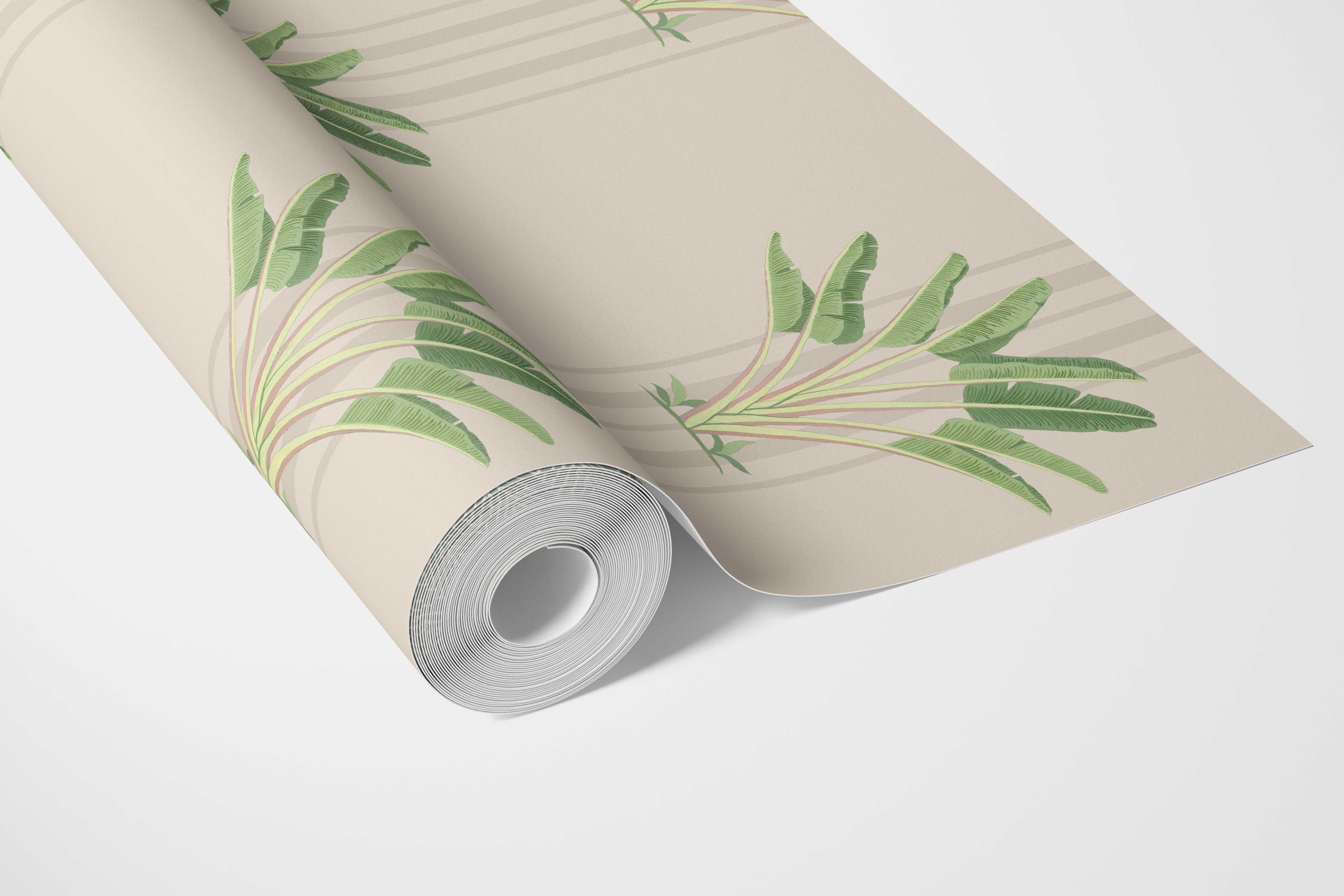Botanical/ Floral Block Print Bathroom Wallpaper Sample (Beige/ Cream/ Green)
