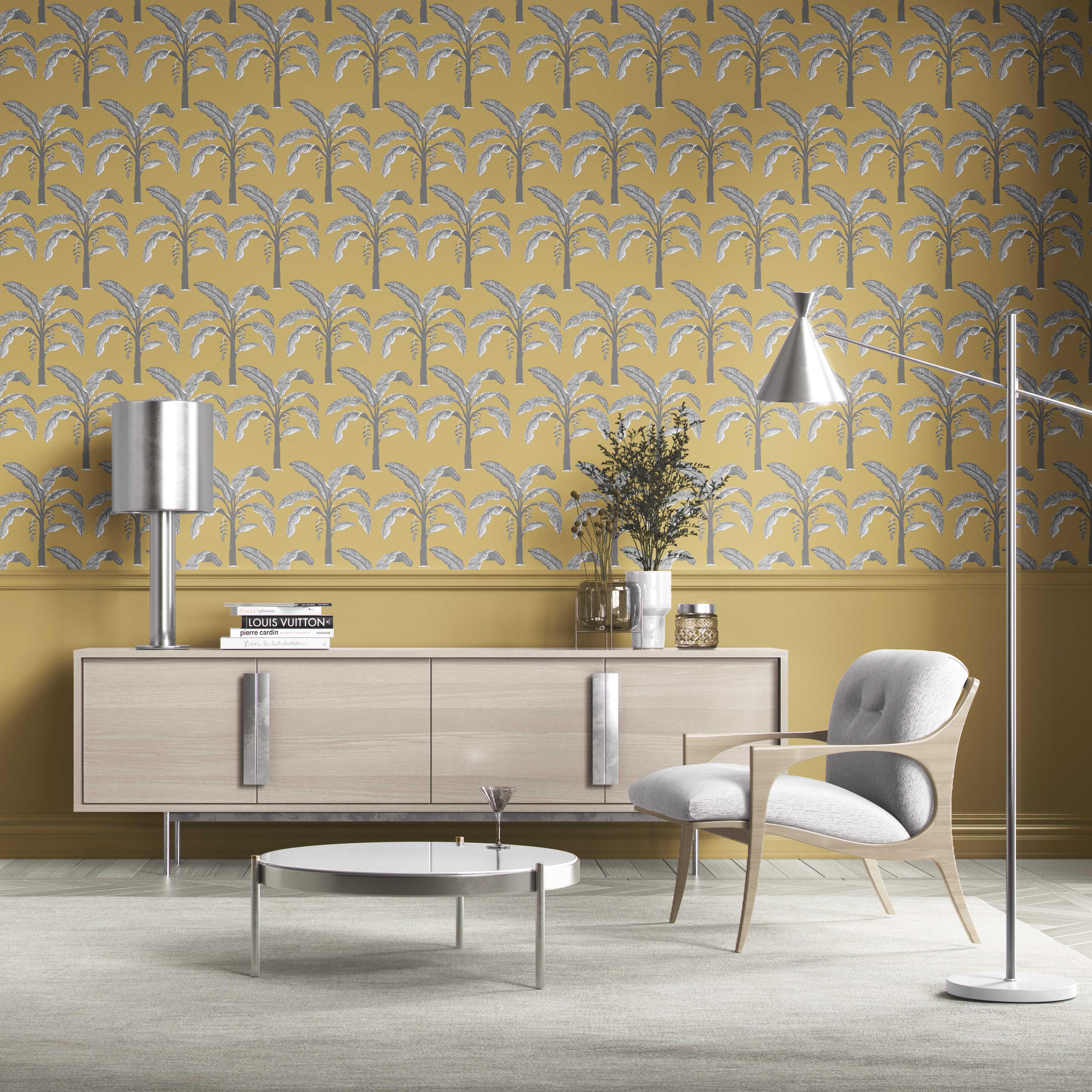 Floral/ Botanical Palm Trees Patterned Kitchen Wallpaper Sample (Yellow/ Gray)