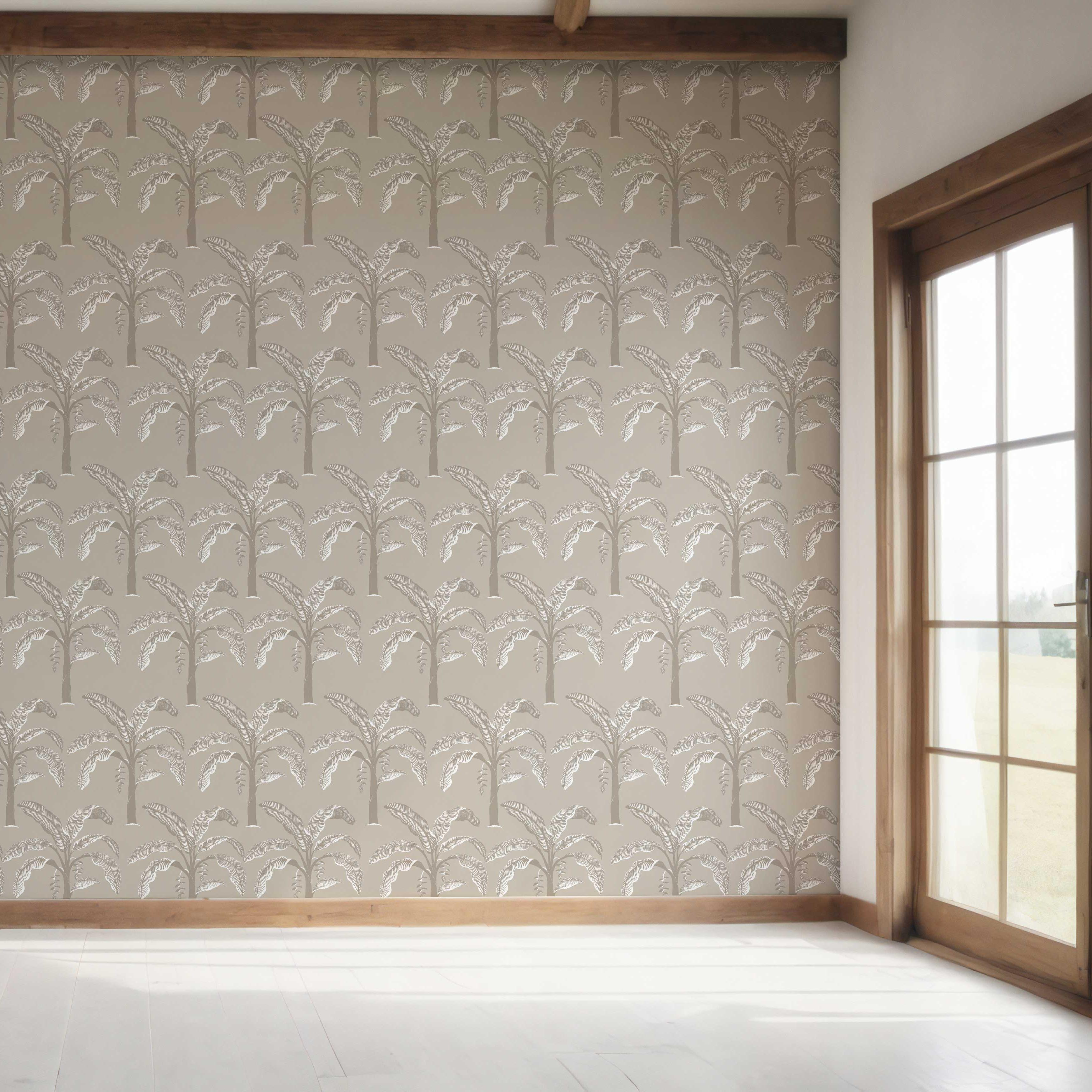 Floral/ Botanical Palm Trees Patterned Bedroom Wallpaper (Greige/ Soft Taupe/ Gray)
