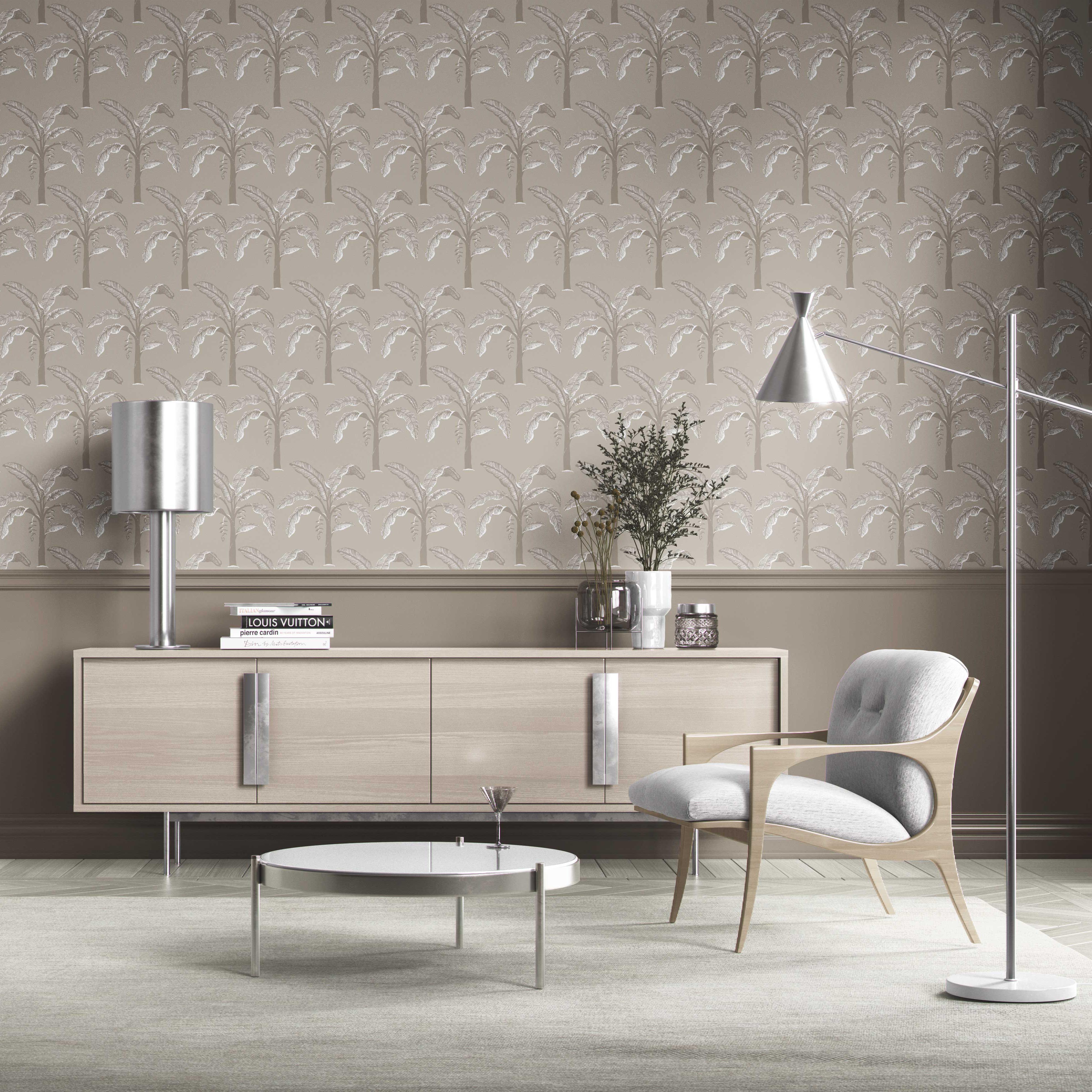 Floral/ Botanical Palm Trees Patterned Kitchen Wallpaper Sample (Greige/ Soft Taupe/ Gray)