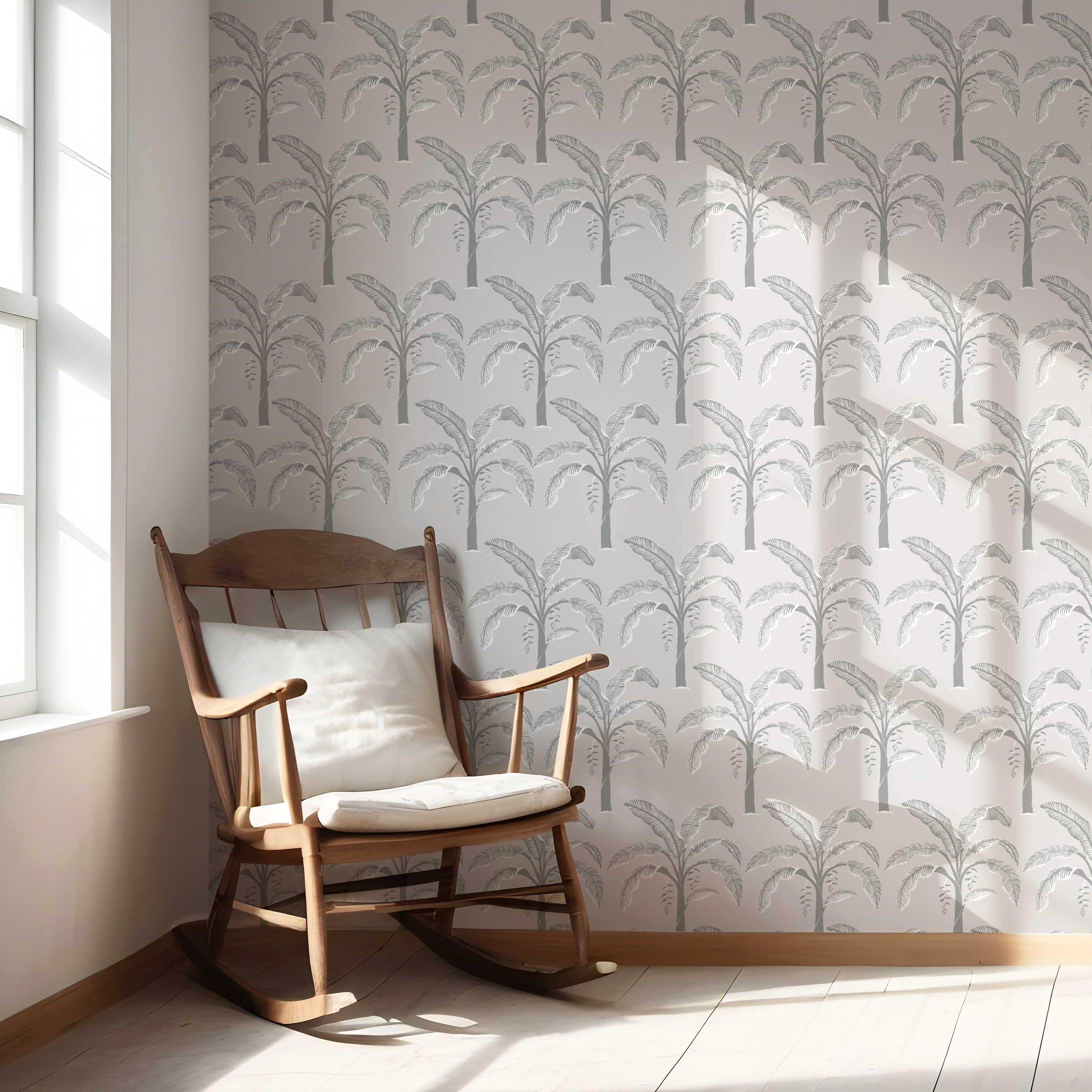 Floral/ Botanical Palm Trees Patterned Nursery Wallpaper (Gray)