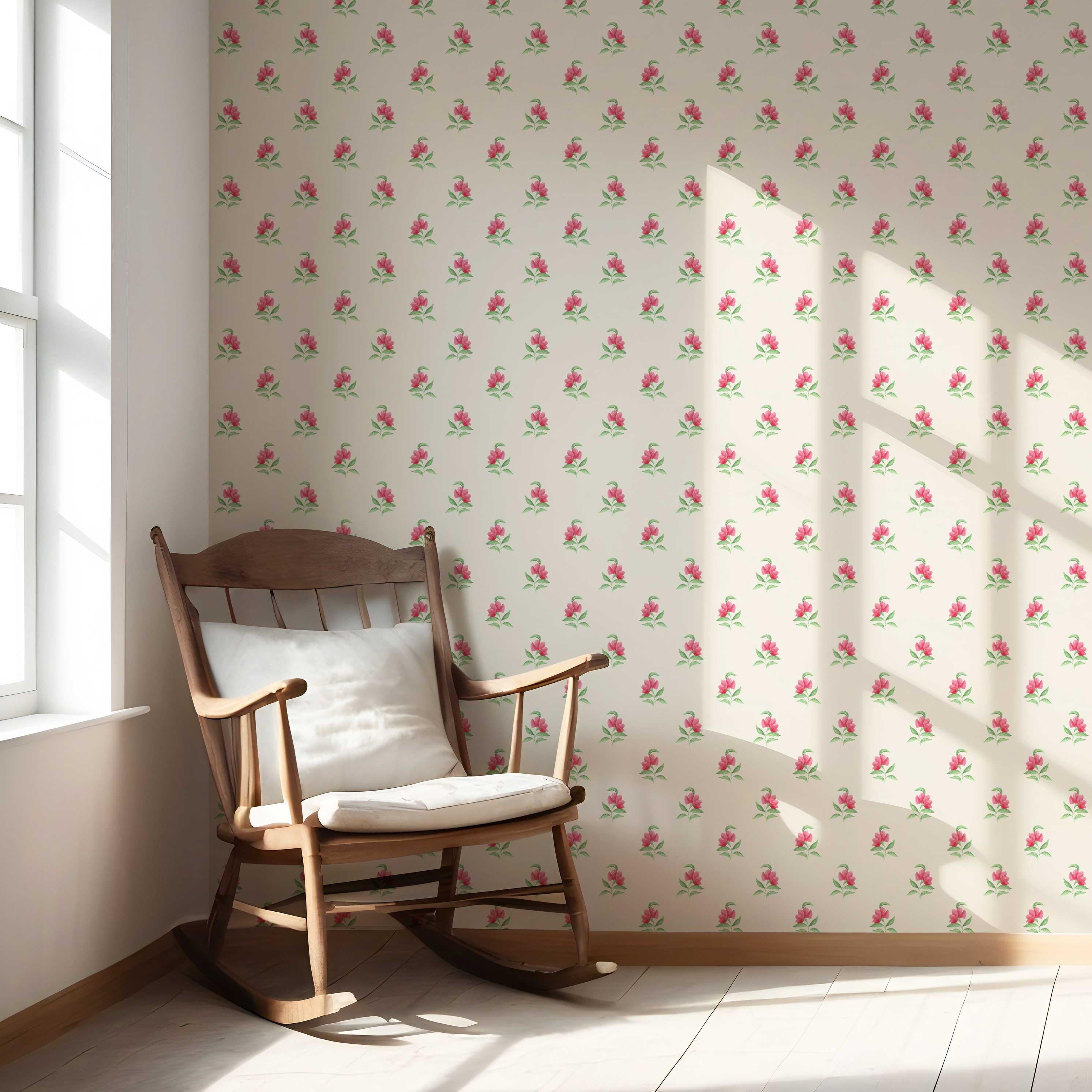 Vintage-Inspired Floral Block Print Nursery Wallpaper (Pink/ Green/ Beige)