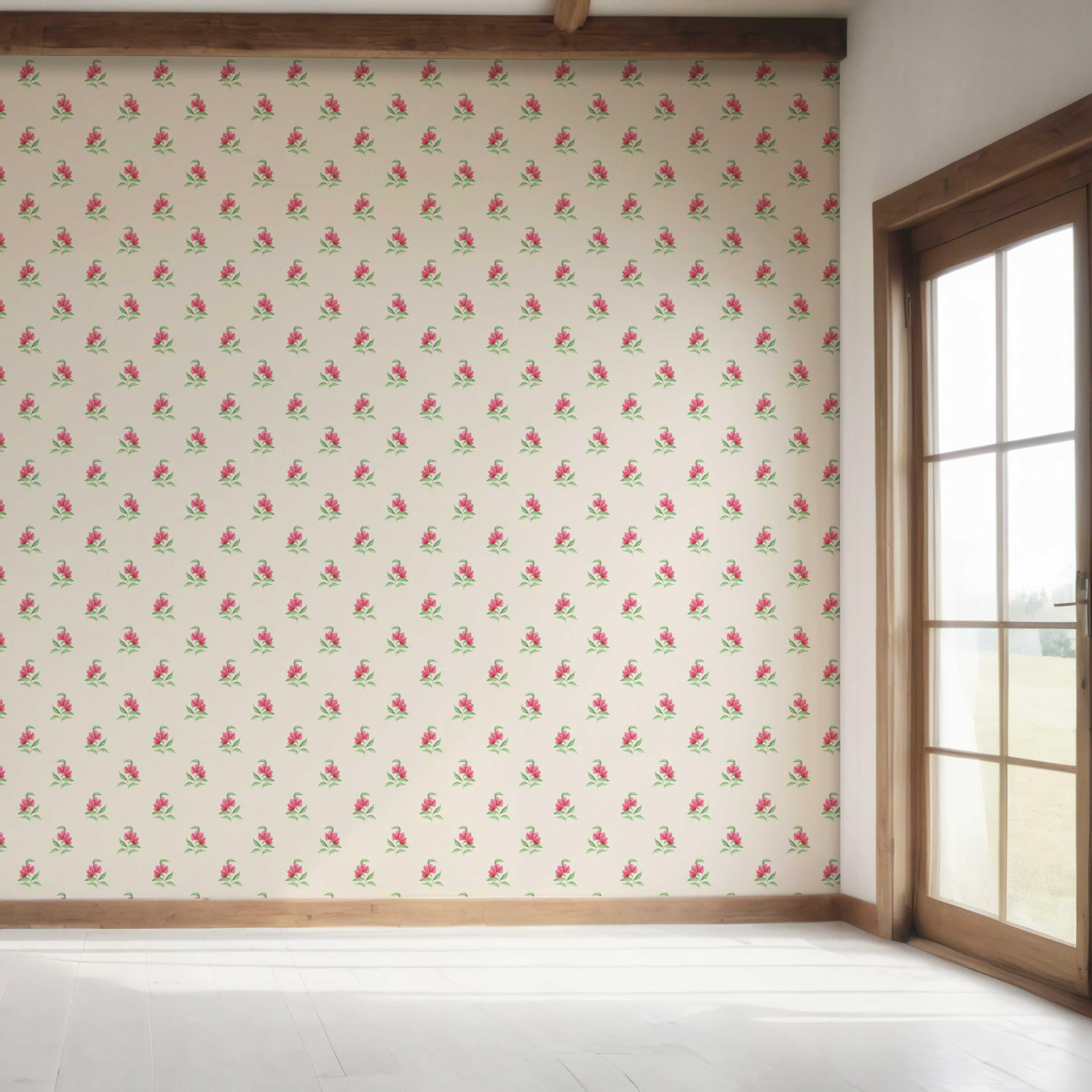 Vintage-Inspired Floral Block Print Bedroom Wallpaper Sample (Pink/ Green/ Beige)