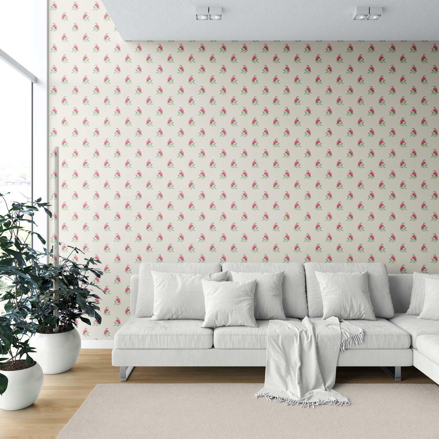 Vintage-Inspired Floral Block Print Shower Toilet Wallpaper (Pink/ Green/ Beige)