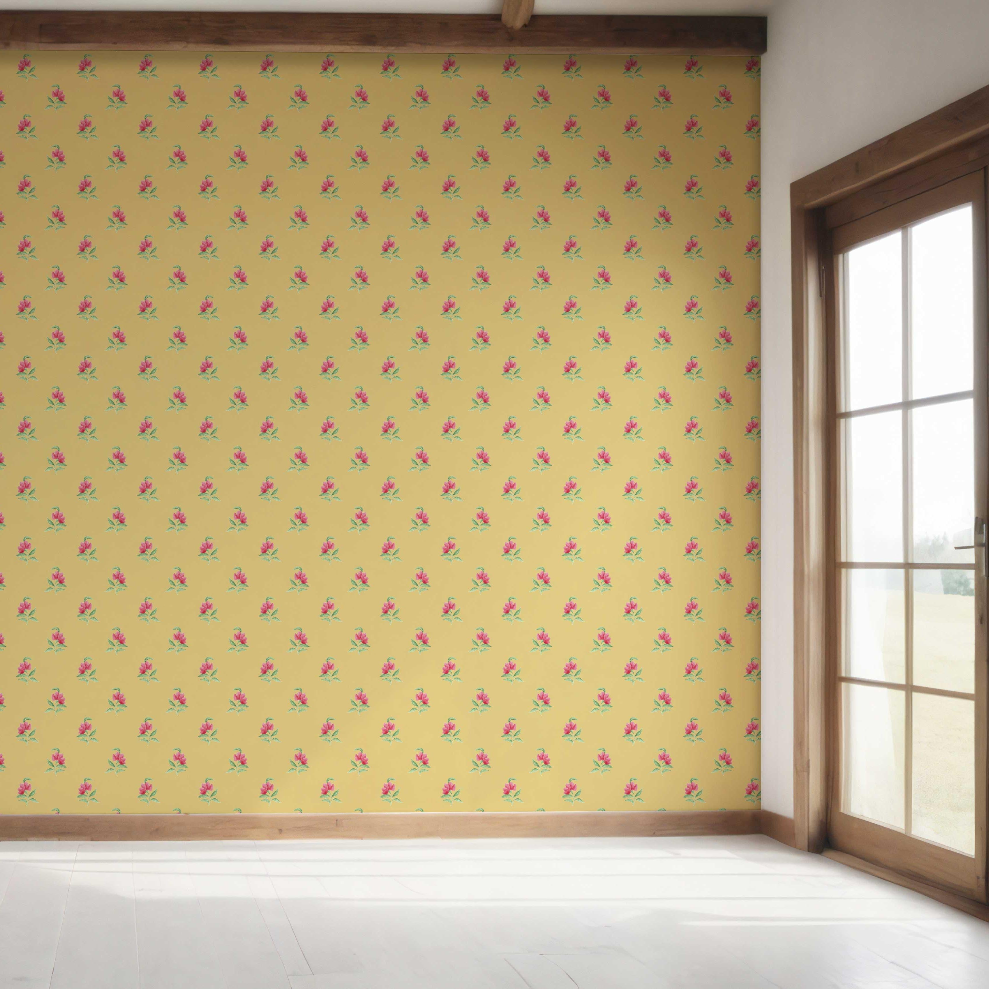 Vintage-Inspired Floral Block Print Bedroom Wallpaper Sample (Yellow/ Pink/ Green)