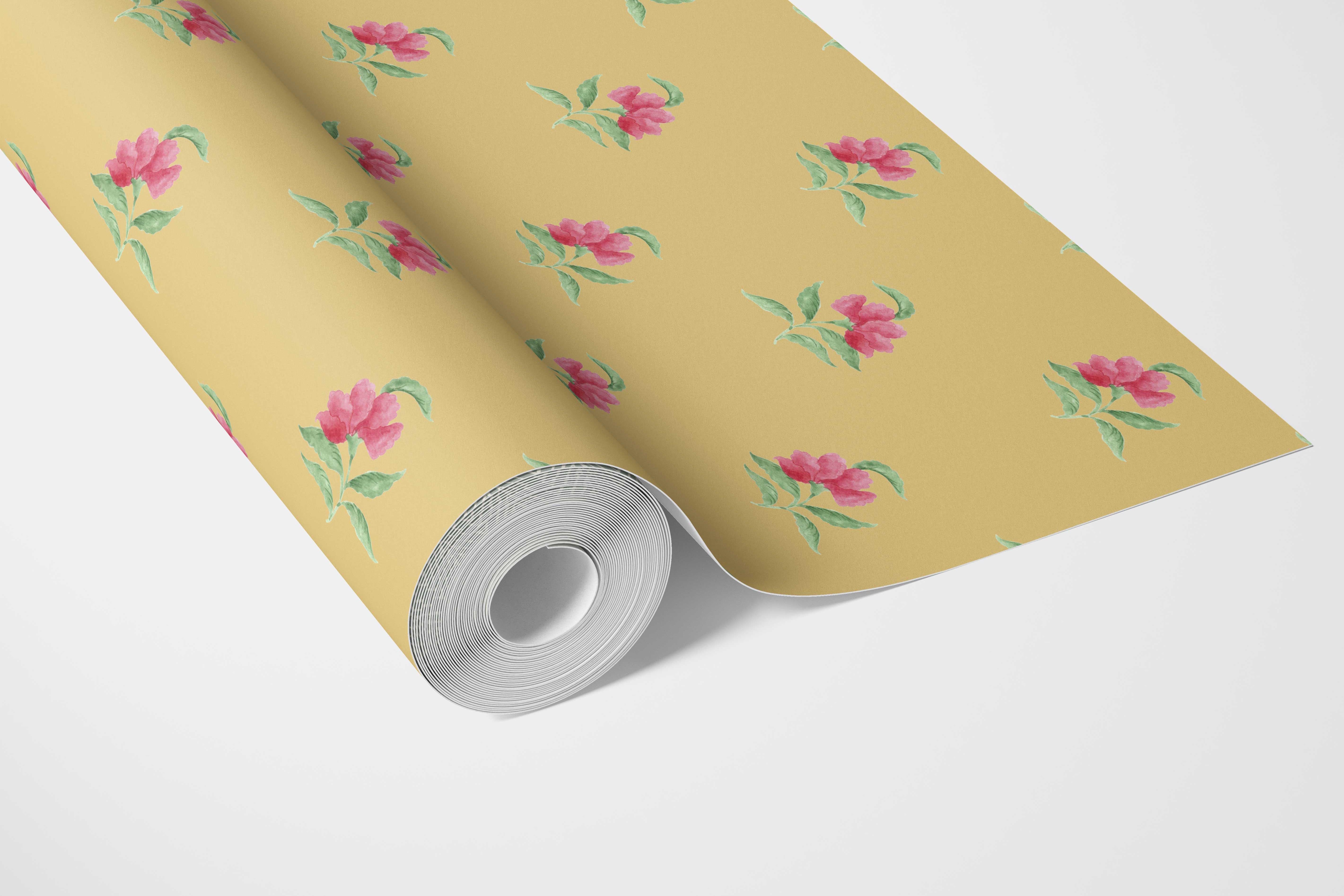 Vintage-Inspired Floral Block Print Kitchen Wallpaper Sample (Yellow/ Pink/ Green)