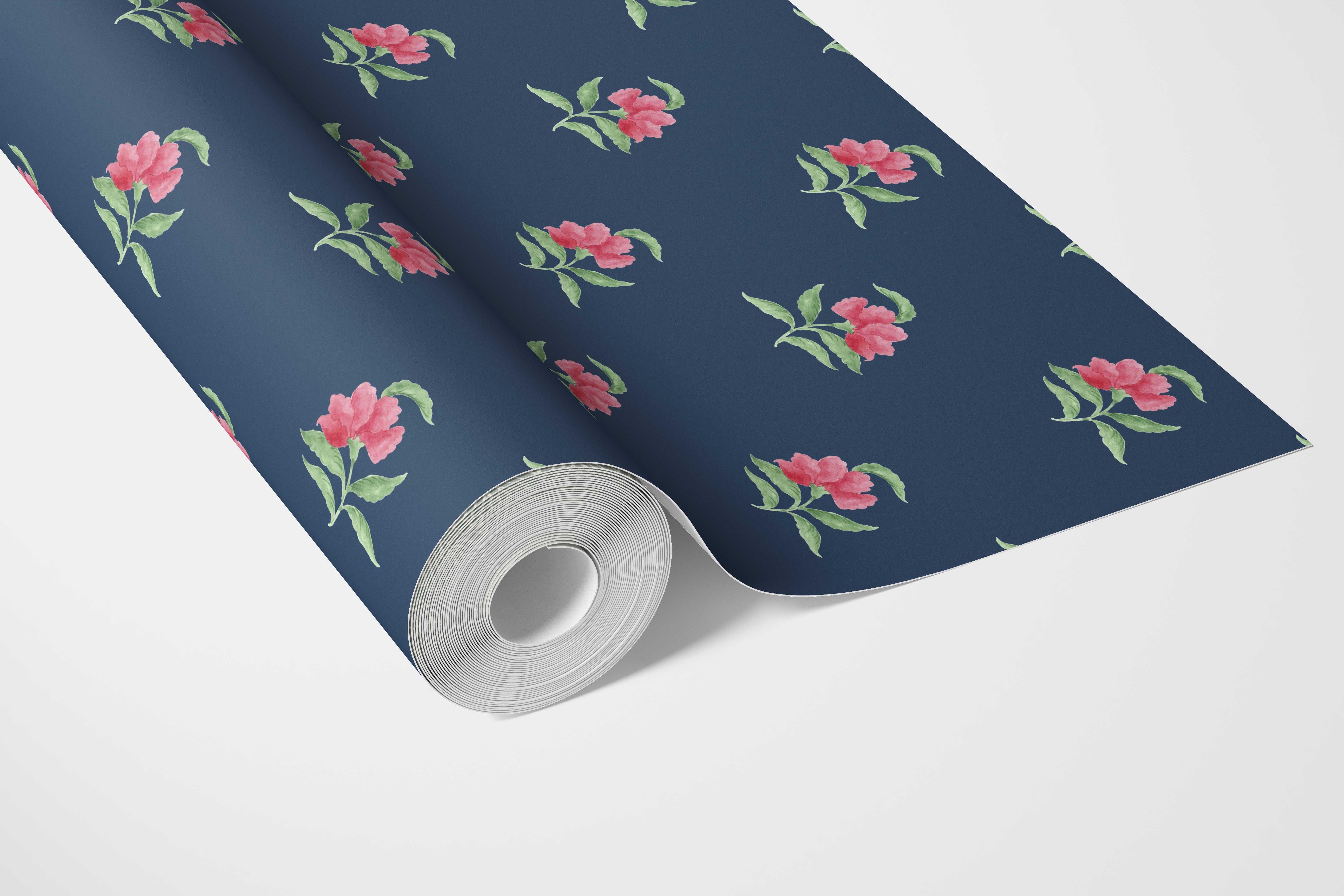 Vintage-Inspired Floral Block Print Kitchen Wallpaper (Navy Blue/ Pink/ Green)