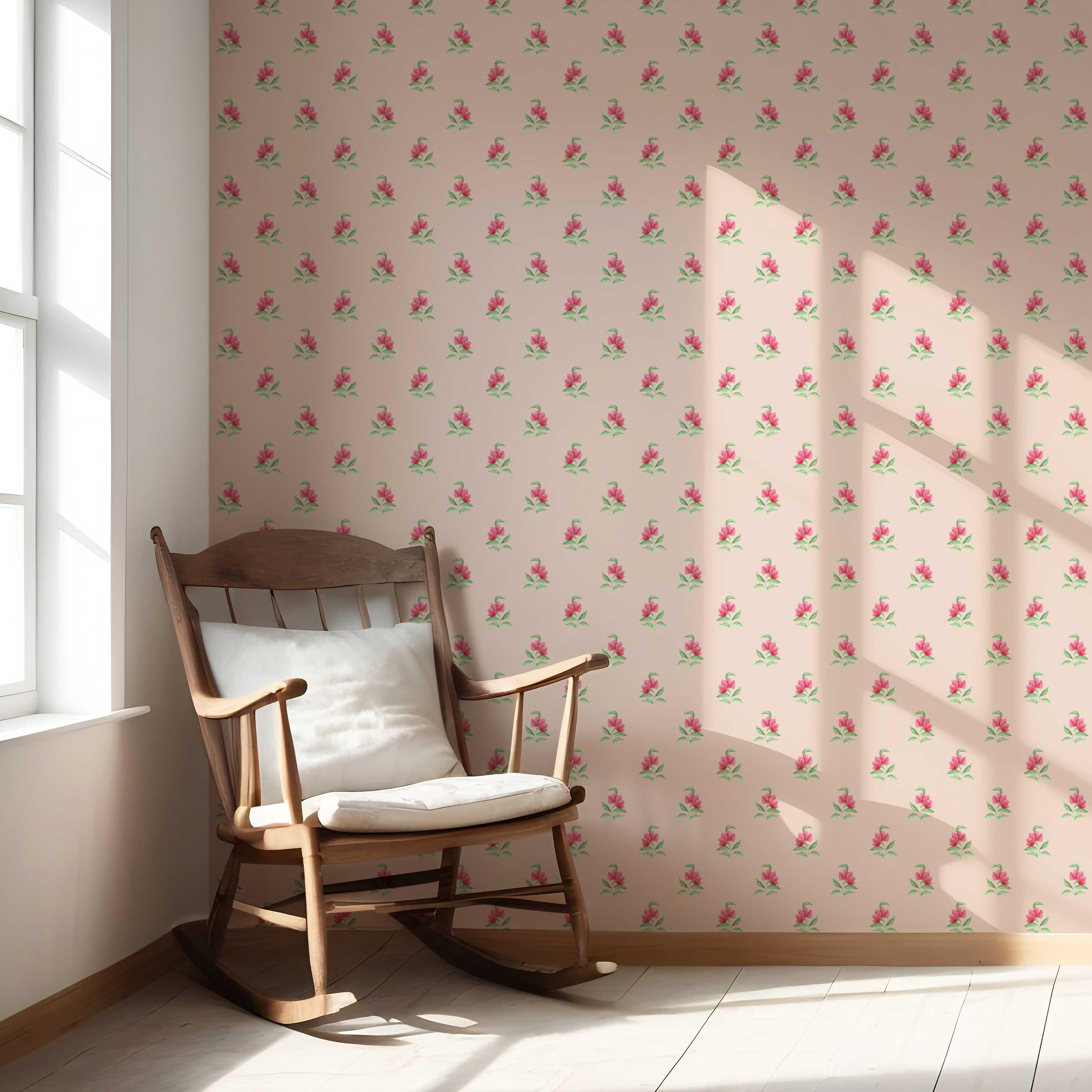 Vintage-Inspired Floral Block Print Nursery Wallpaper Sample (Pink/ Green)