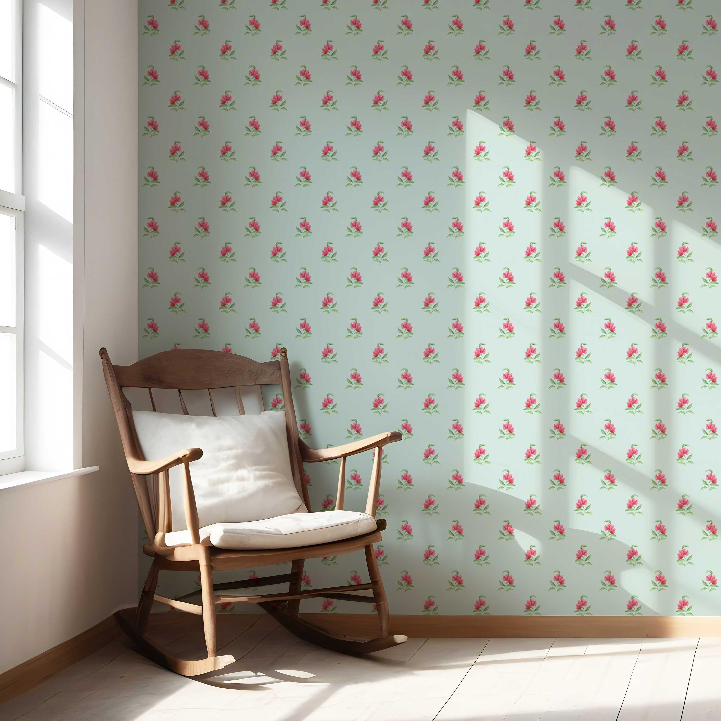 Vintage-Inspired Floral Block Print Nursery Wallpaper Sample (Blue/ Pink/ Green)