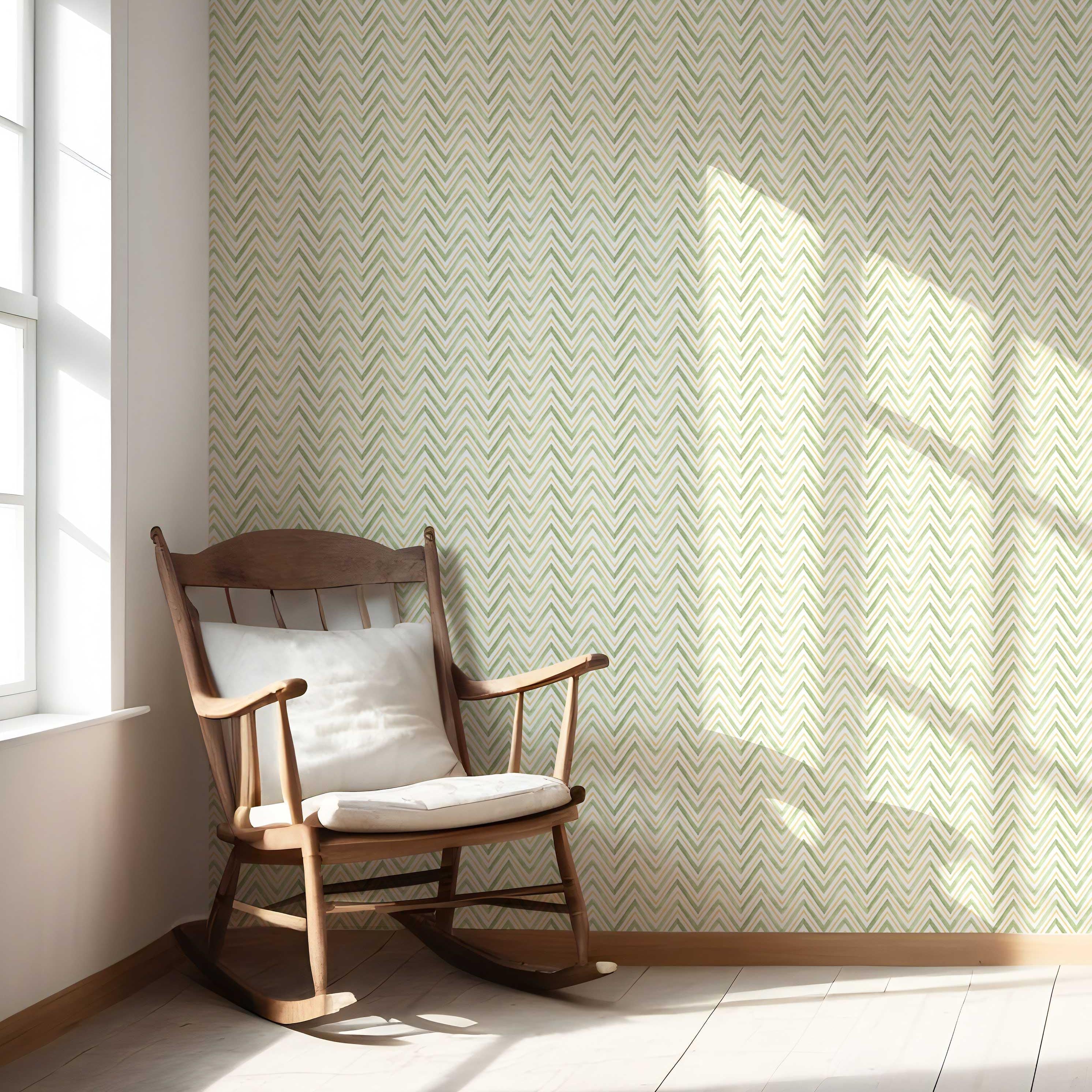 Geometric Zigzag/ Chevron Nursery Wallpaper (Green/ Yellow)