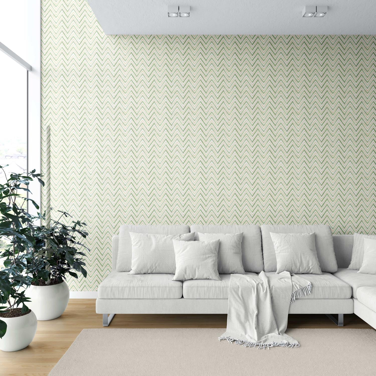 Geometric Zigzag/ Chevron Shower Toilet Wallpaper (Green/ Yellow)