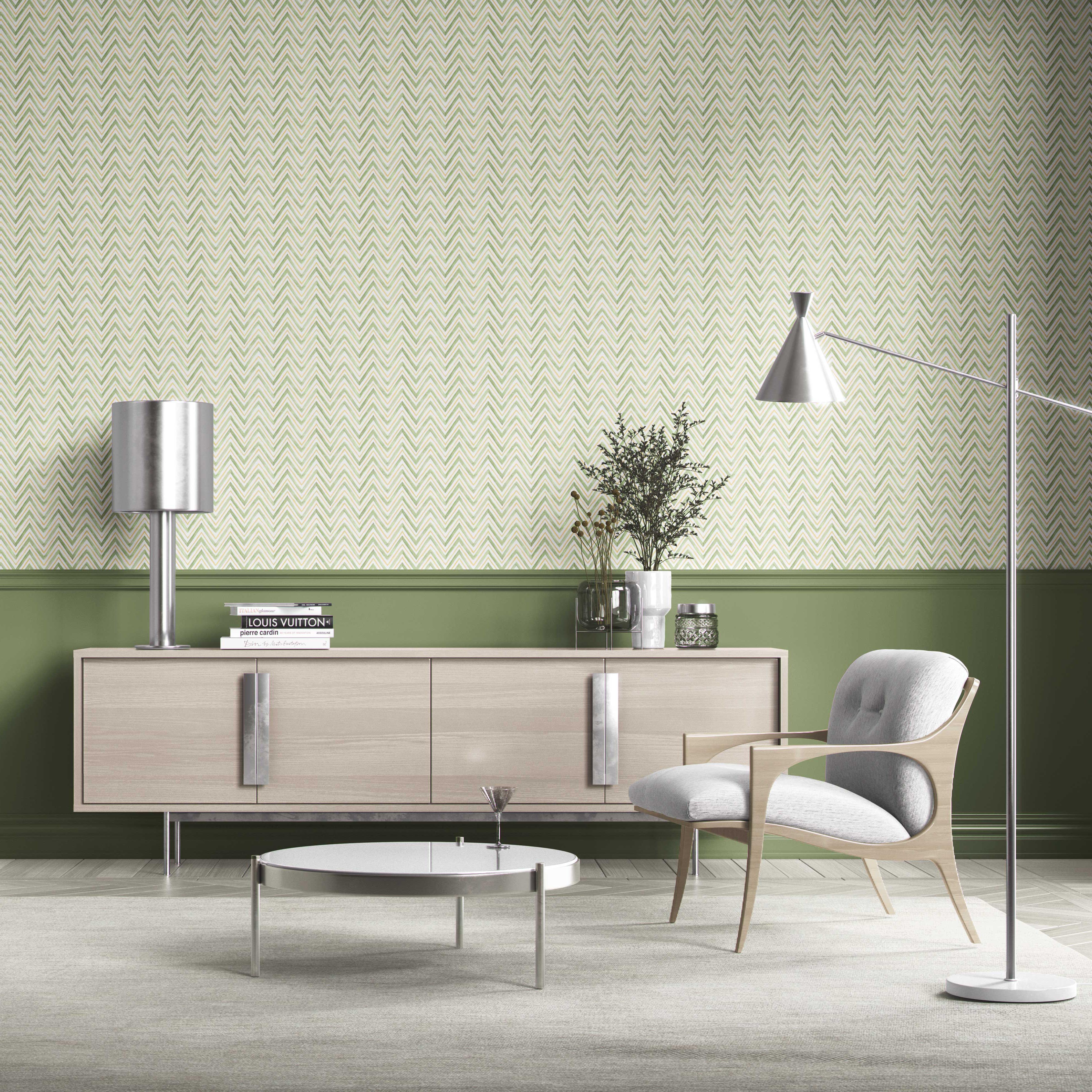 Geometric Zigzag/ Chevron Bathroom Wallpaper (Green/ Yellow)