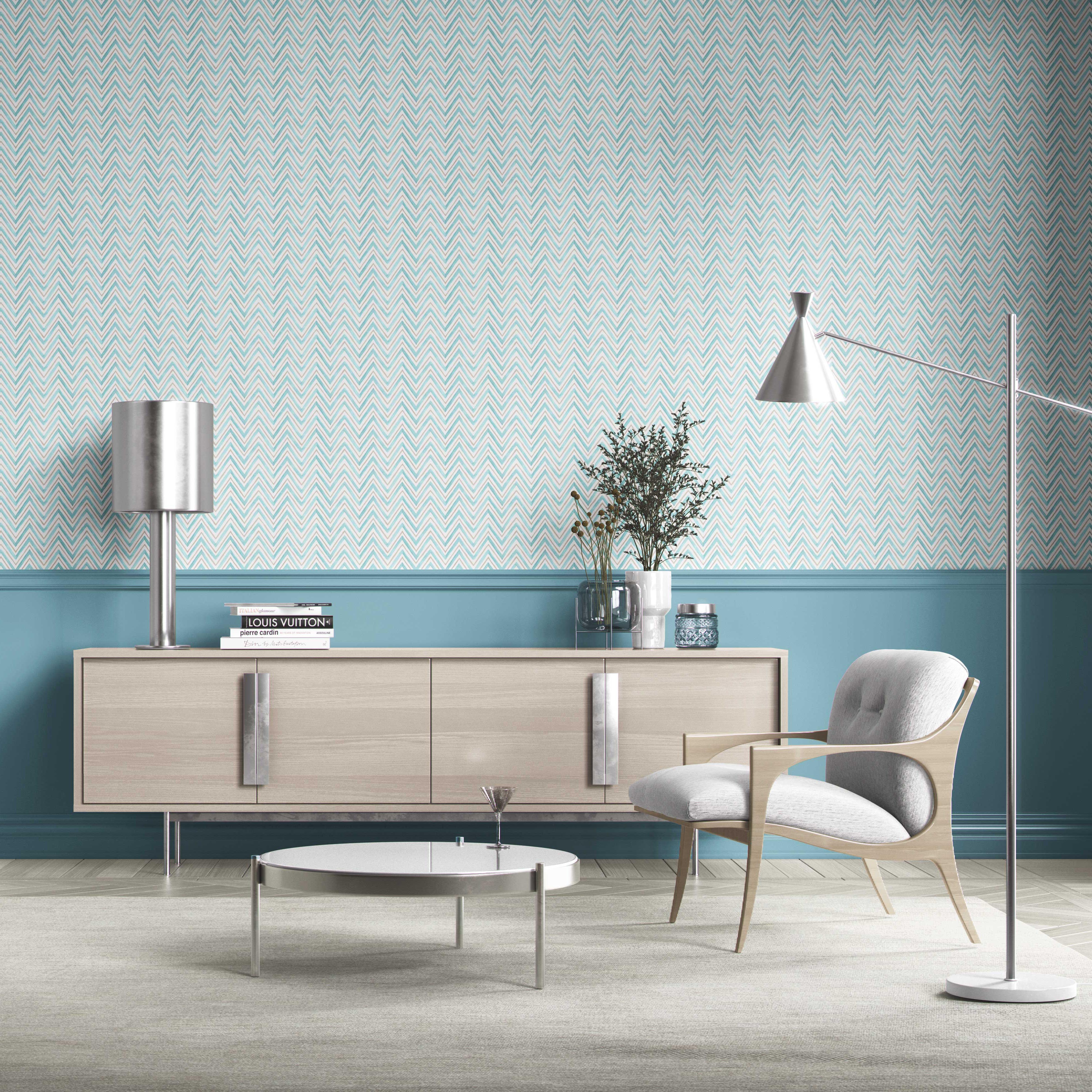 Geometric Zigzag/ Chevron Bathroom Wallpaper (Blue)