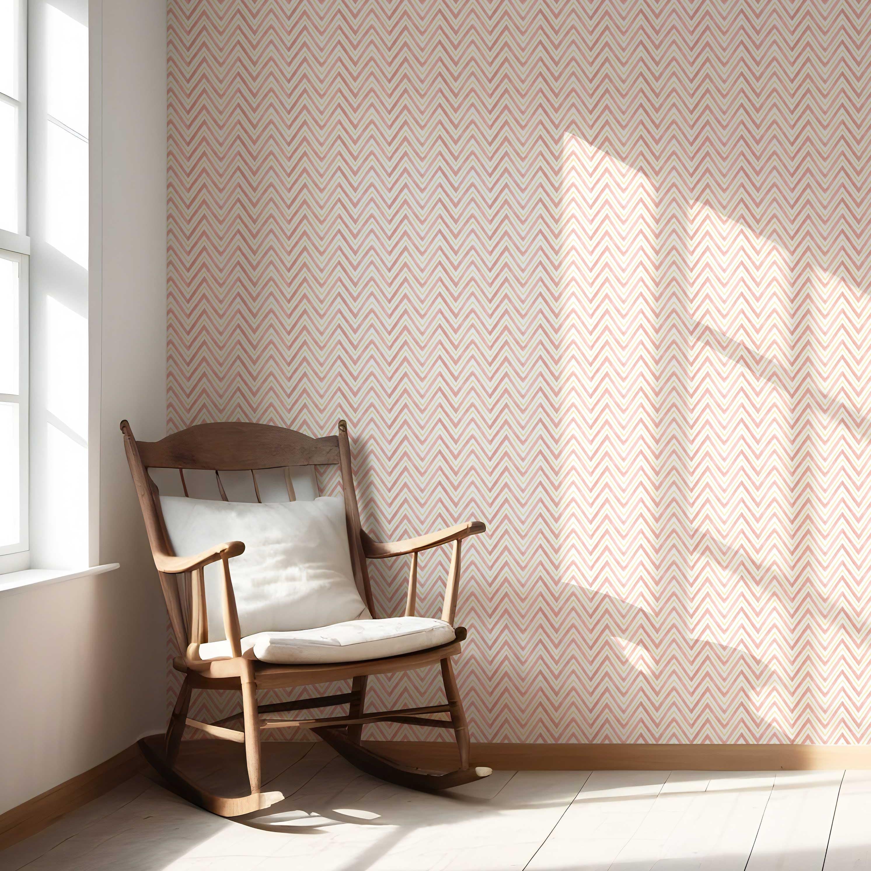 Geometric Zigzag/ Chevron Nursery Wallpaper (Pink/ Yellow)
