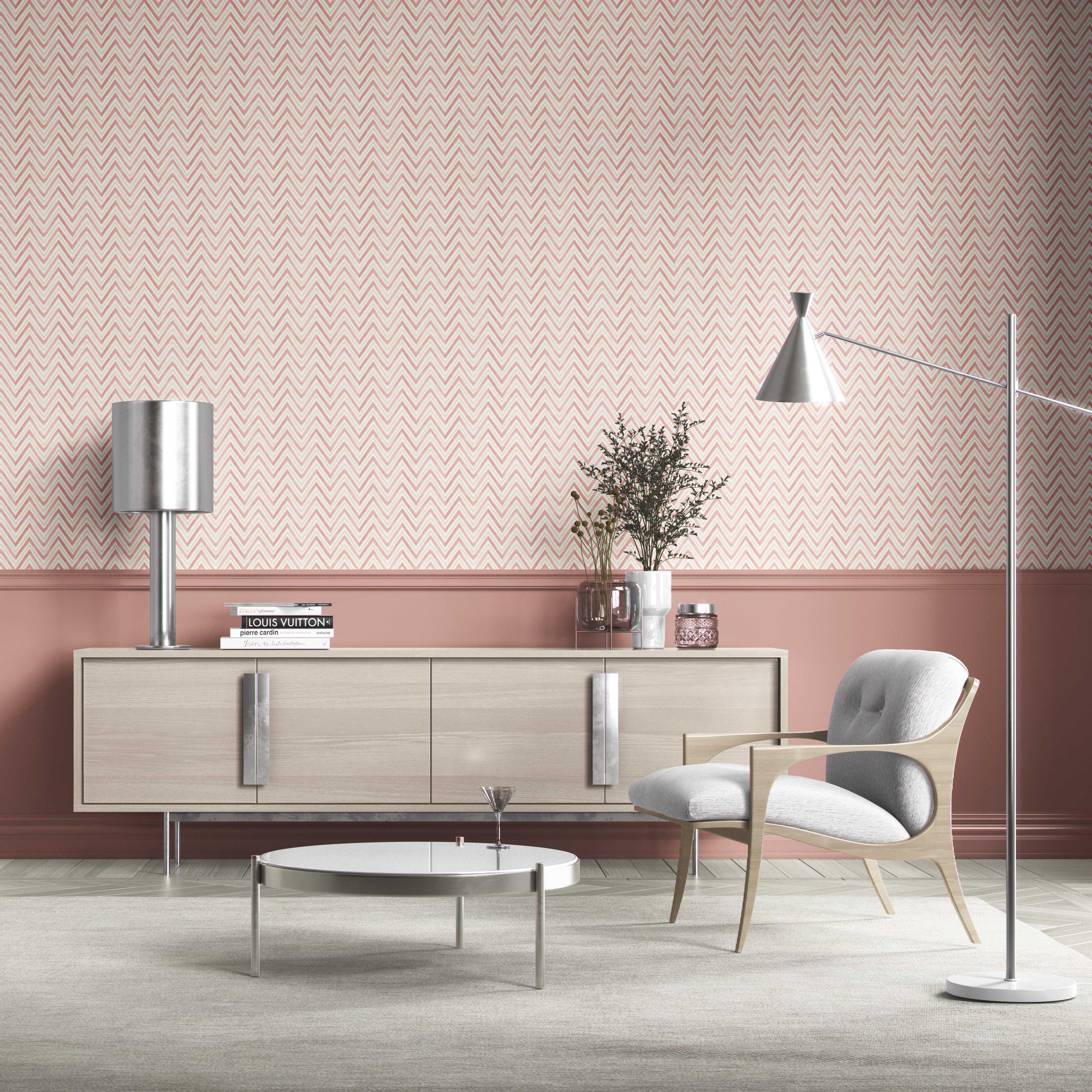 Geometric Zigzag/ Chevron Bathroom Wallpaper (Pink/ Yellow)