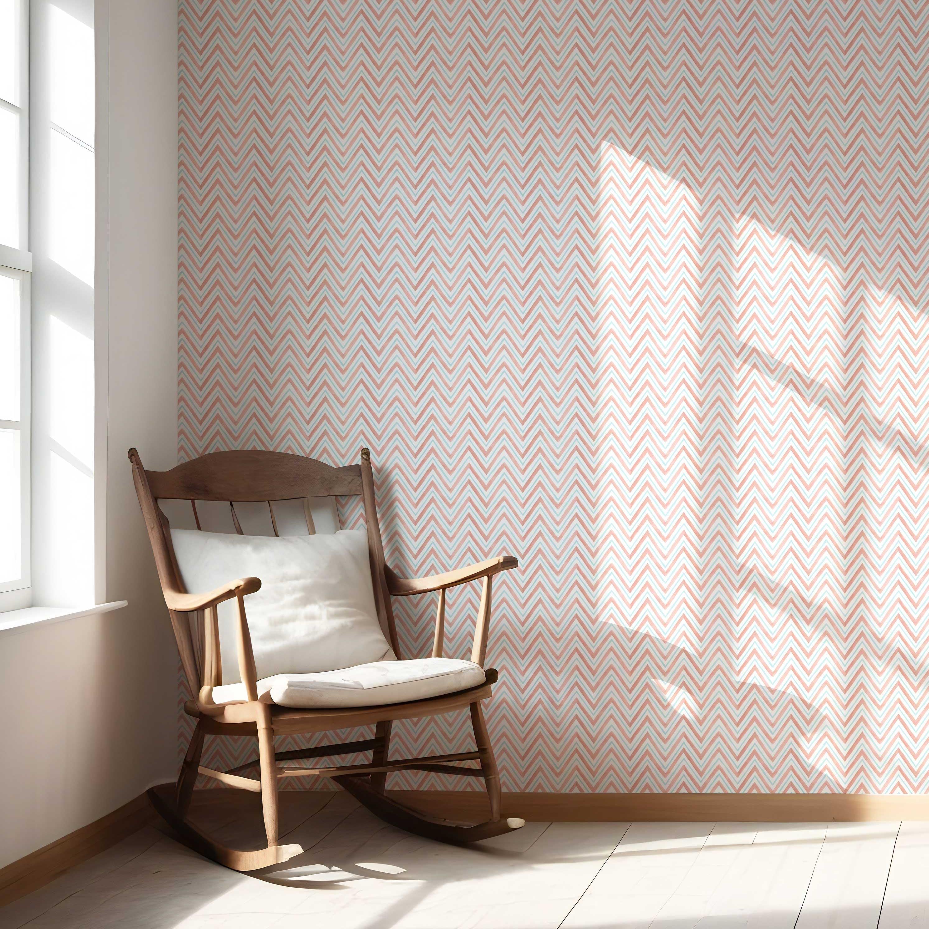 Geometric Zigzag/ Chevron Nursery Wallpaper (Coral Pink/ Blue)