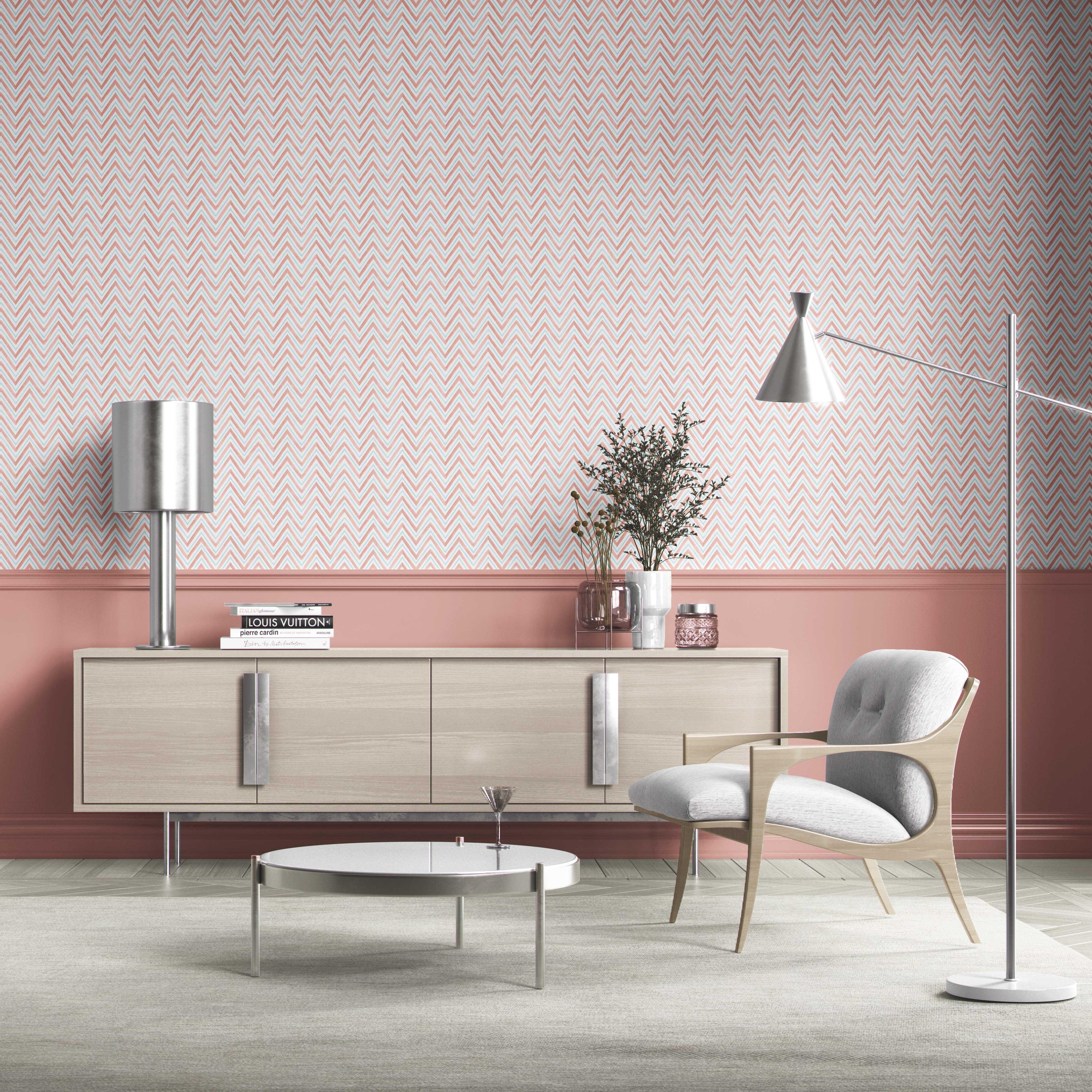 Geometric Zigzag/ Chevron Bathroom Wallpaper Sample (Coral Pink/ Blue)