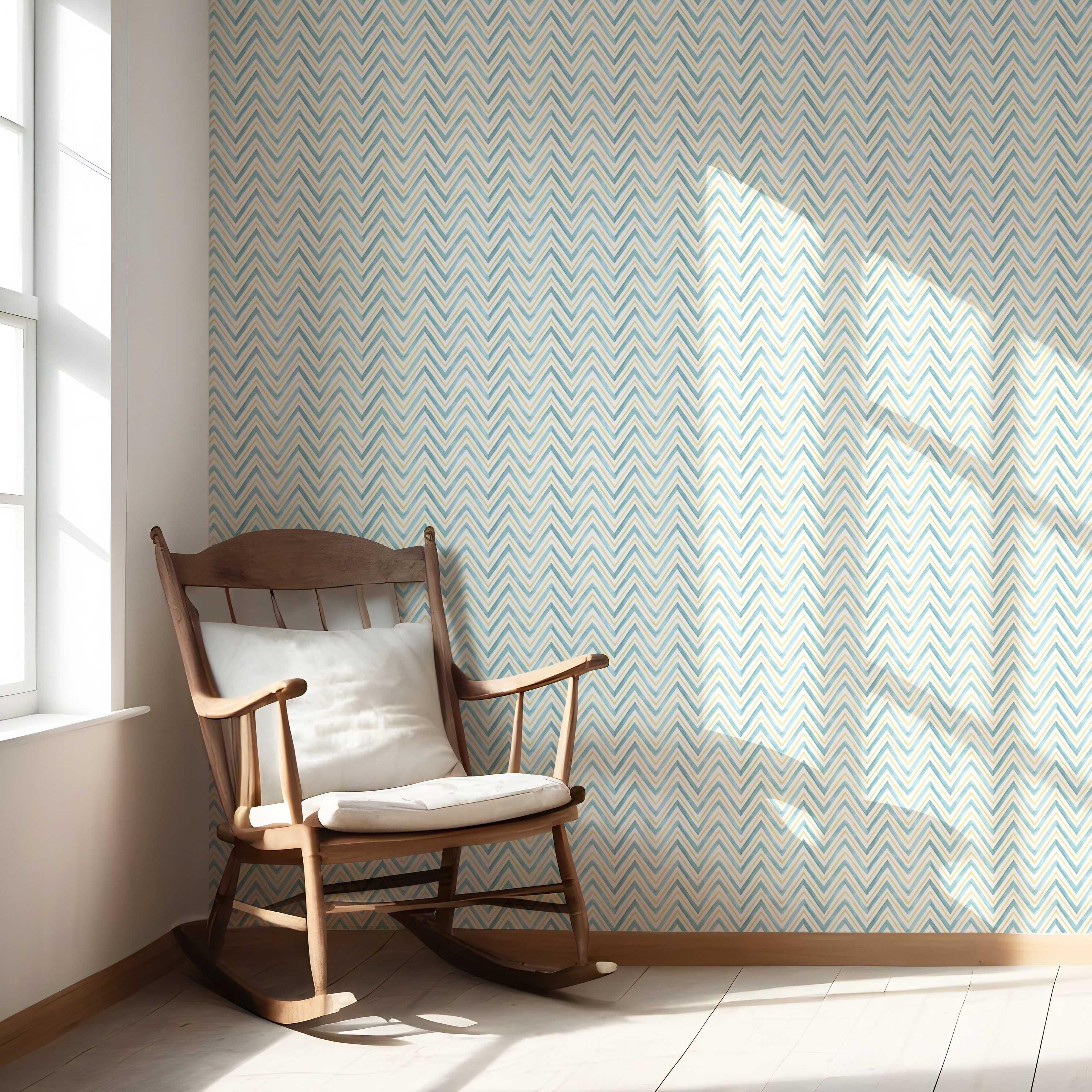 Geometric Zigzag/ Chevron Nursery Wallpaper Sample (Blue/ Yellow)