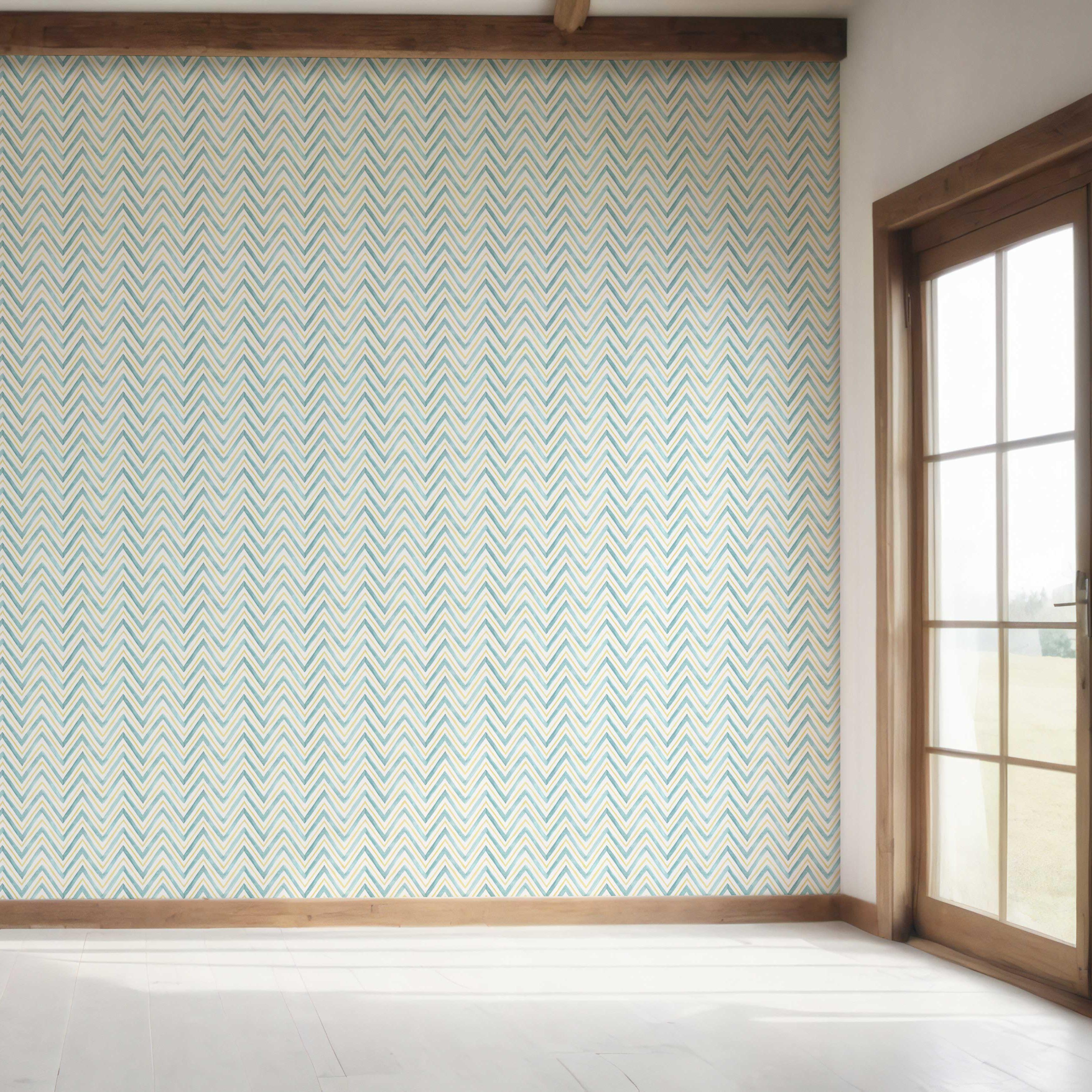 Geometric Zigzag/ Chevron Bedroom Wallpaper Sample (Blue/ Yellow)