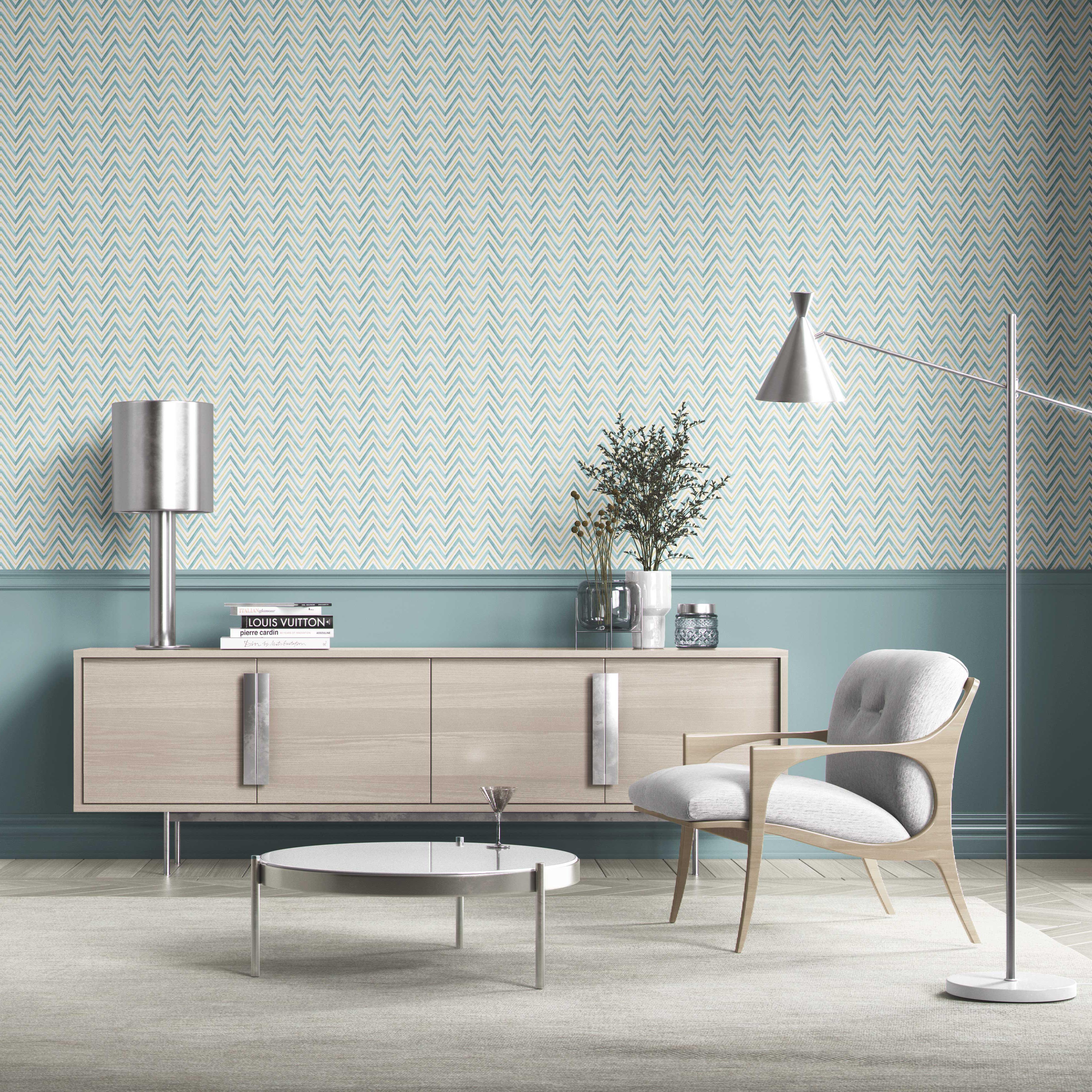 Geometric Zigzag/ Chevron Bathroom Wallpaper Sample (Blue/ Yellow)