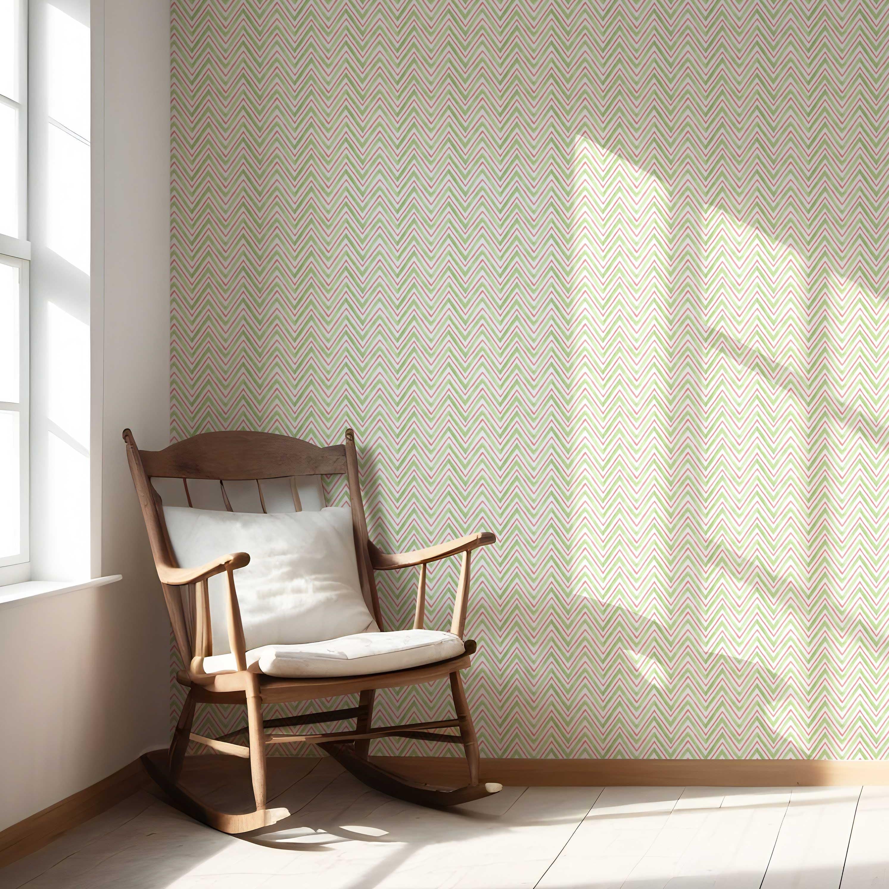 Geometric Zigzag/ Chevron Nursery Wallpaper Sample (Green/ Pink)