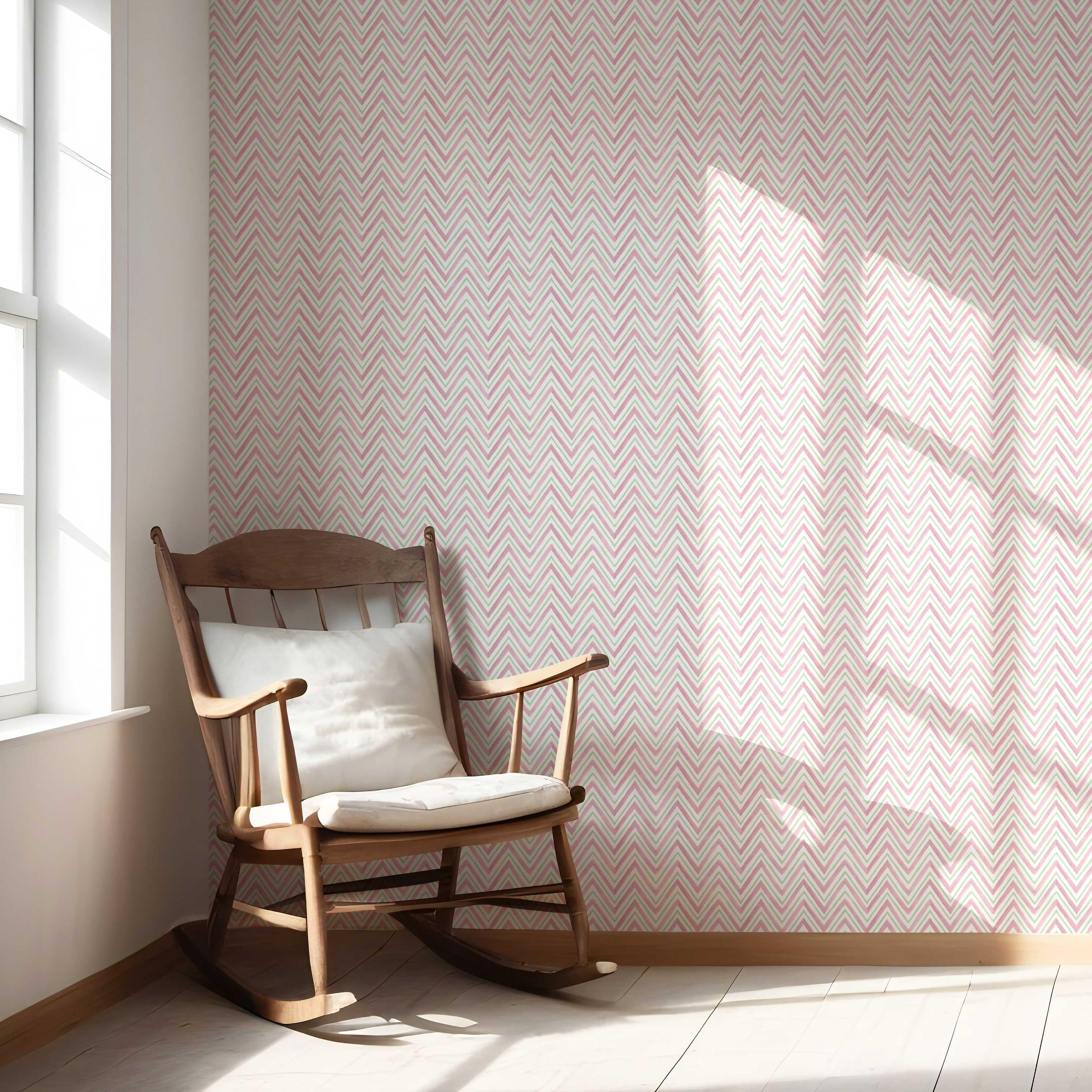 Geometric Zigzag/ Chevron Nursery Wallpaper (Soft Pink/ Green)