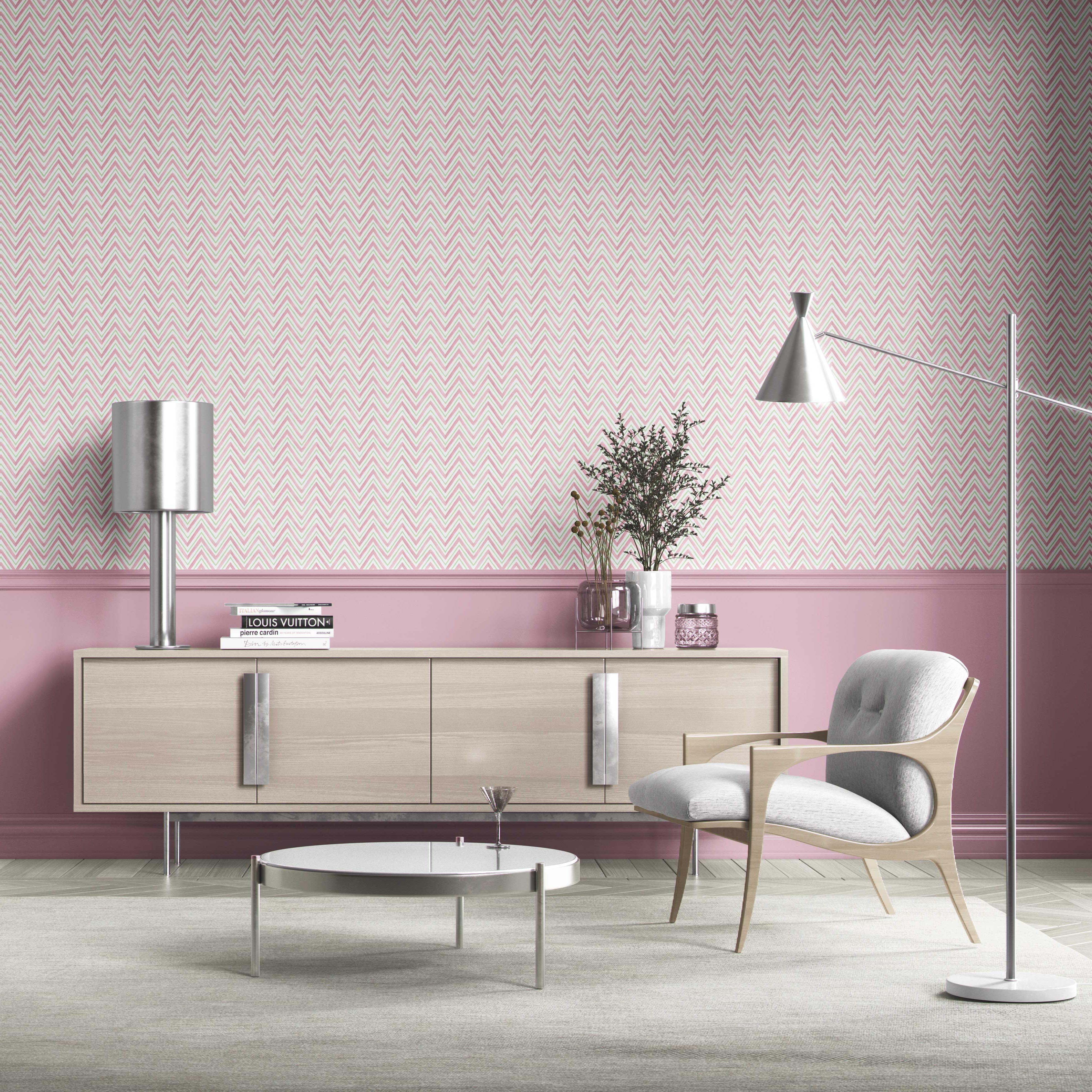 Geometric Zigzag/ Chevron Bathroom Wallpaper Sample (Soft Pink/ Green)
