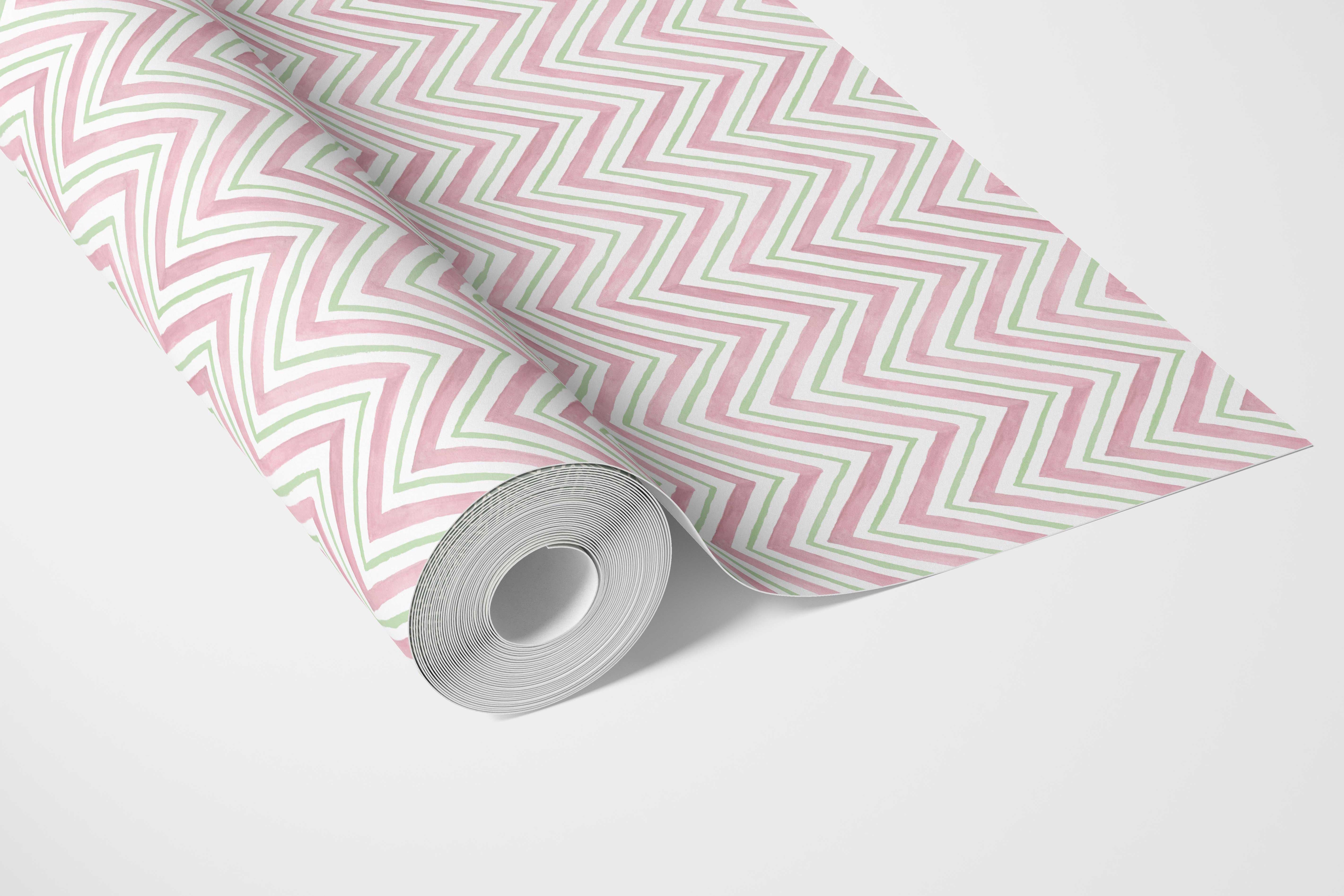 Geometric Zigzag/ Chevron Kitchen Wallpaper (Soft Pink/ Green)