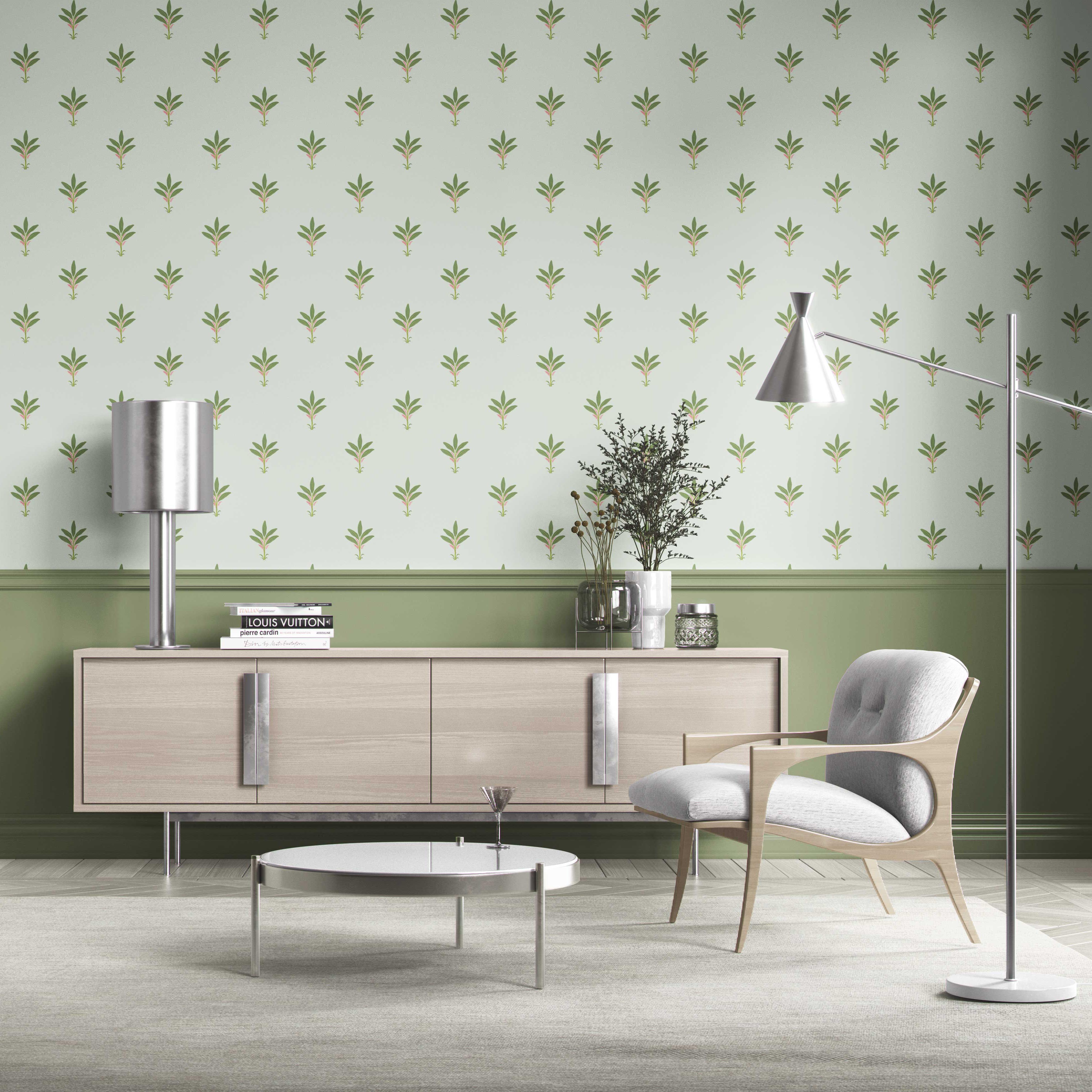 Vintage-Inspired Floral Block Print Kitchen Wallpaper Sample (Mint Green/ Pink)