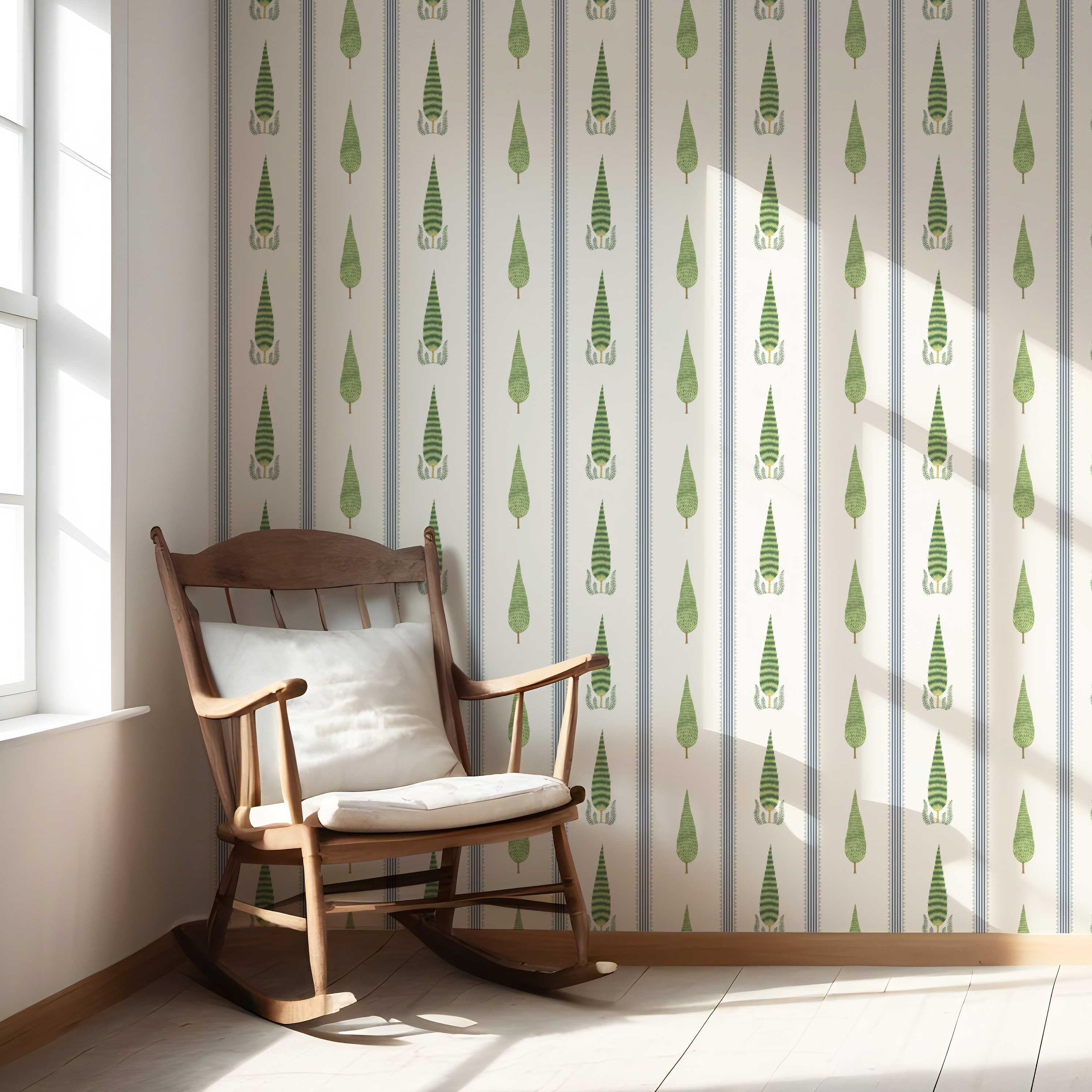 Modern Floral/ Botanical Leaf Print Nursery Wallpaper Sample (Green/ White/ Blue)