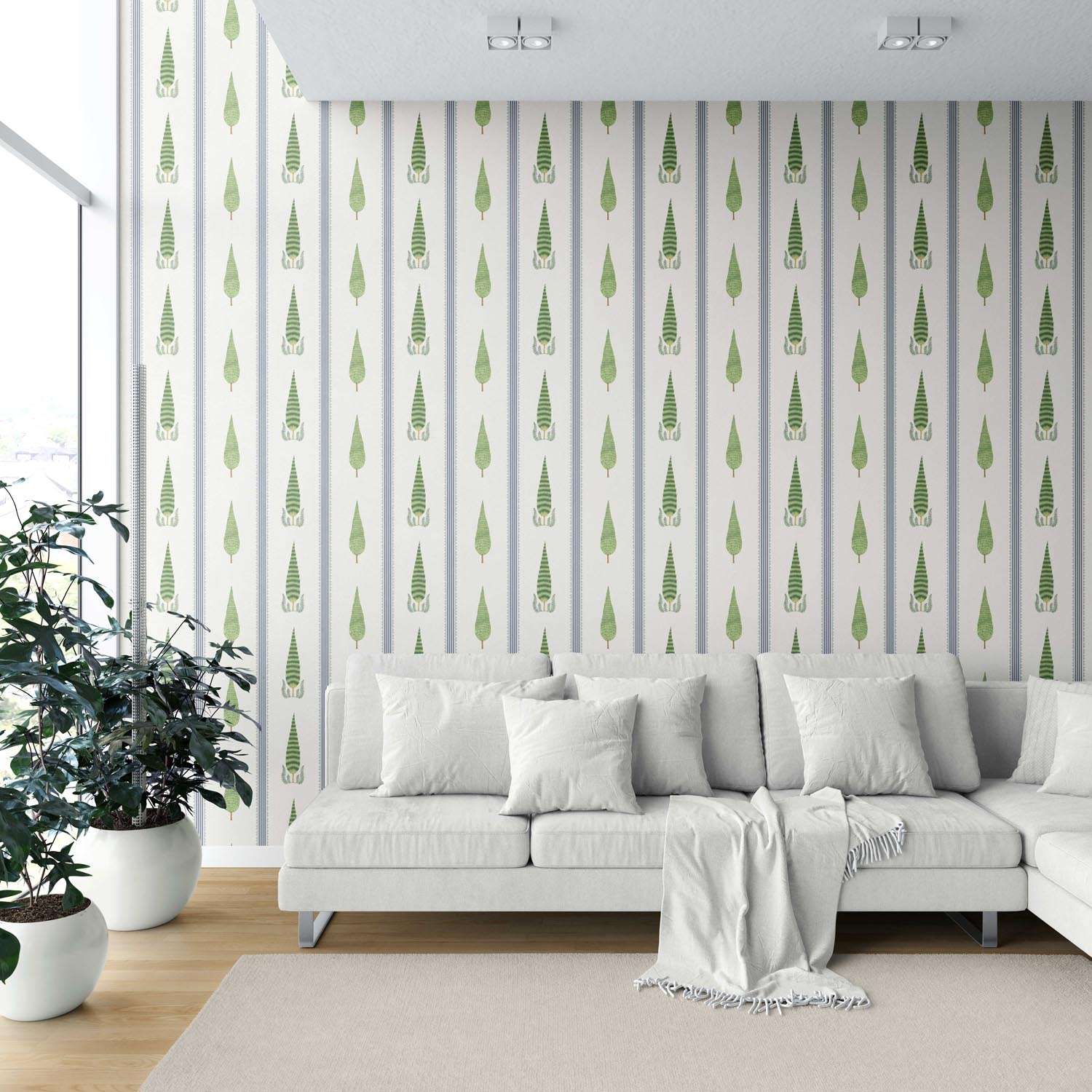 Modern Floral/ Botanical Leaf Print Shower Toilet Wallpaper Sample (Green/ White/ Blue)
