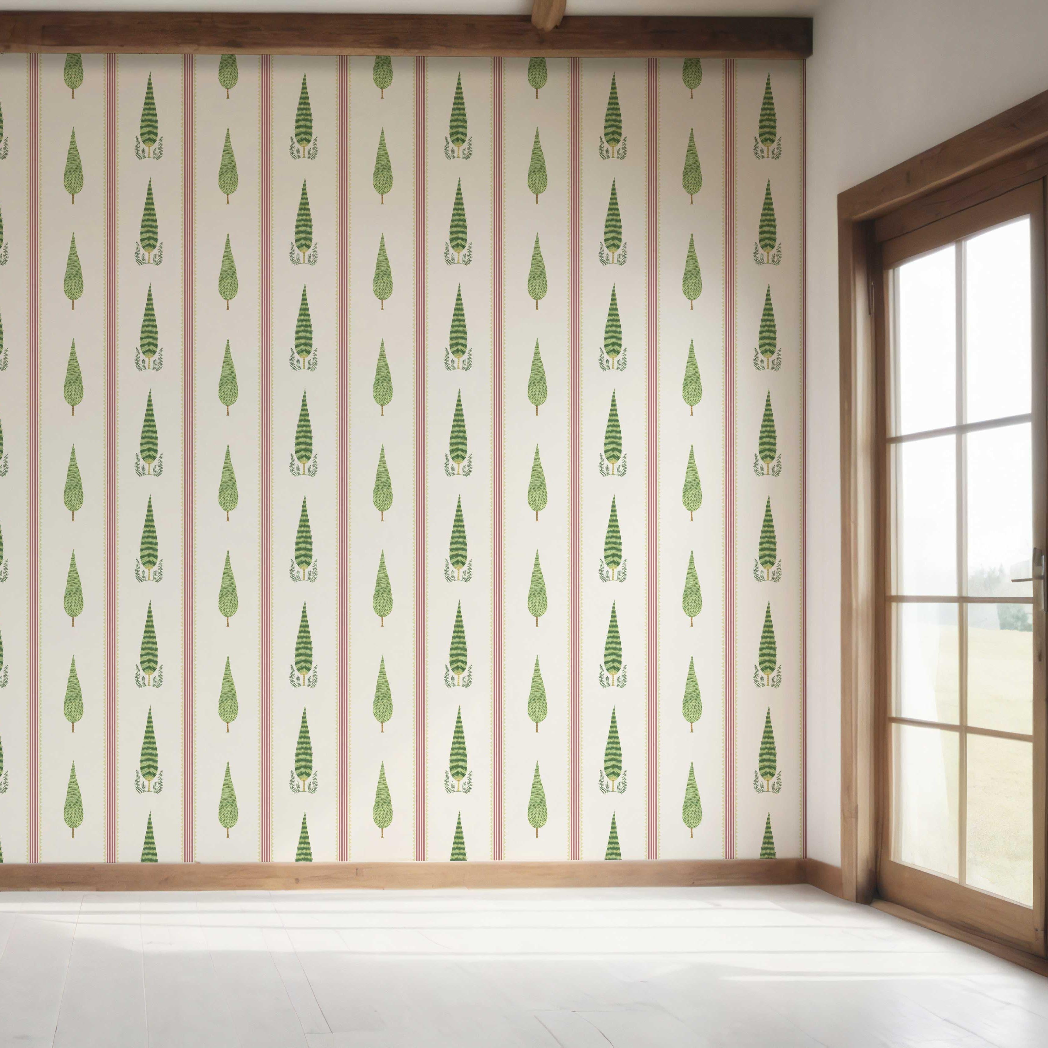 Modern Floral/ Botanical Leaf Print Bedroom Wallpaper (Red/ Green/ White)